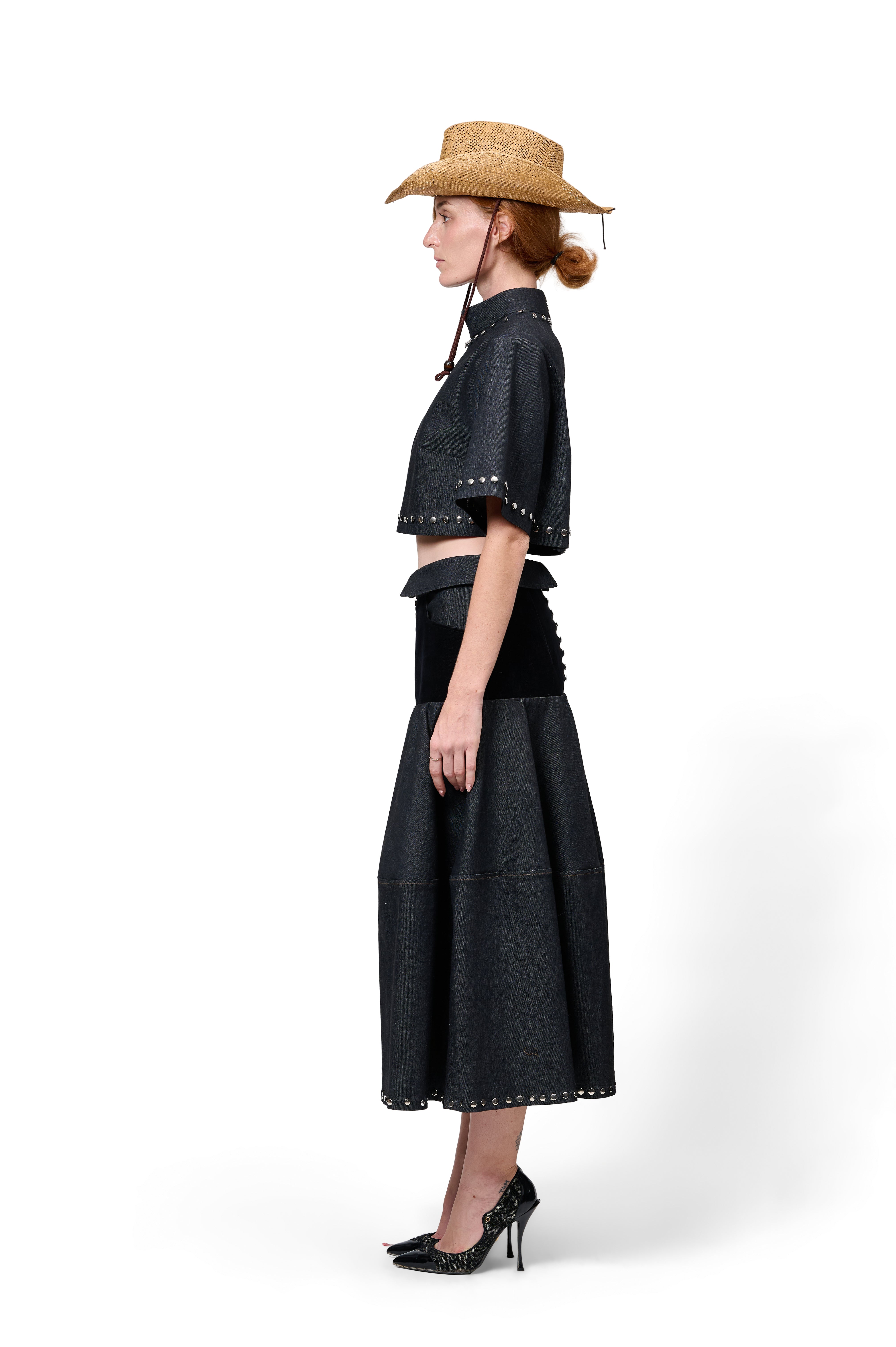 CROPPED BOXY CAPE STYLE BLOUSE DARK DENIM EMBELLISHED WITH STUDS HIGH WAIST FLARED MIDI SKIRT