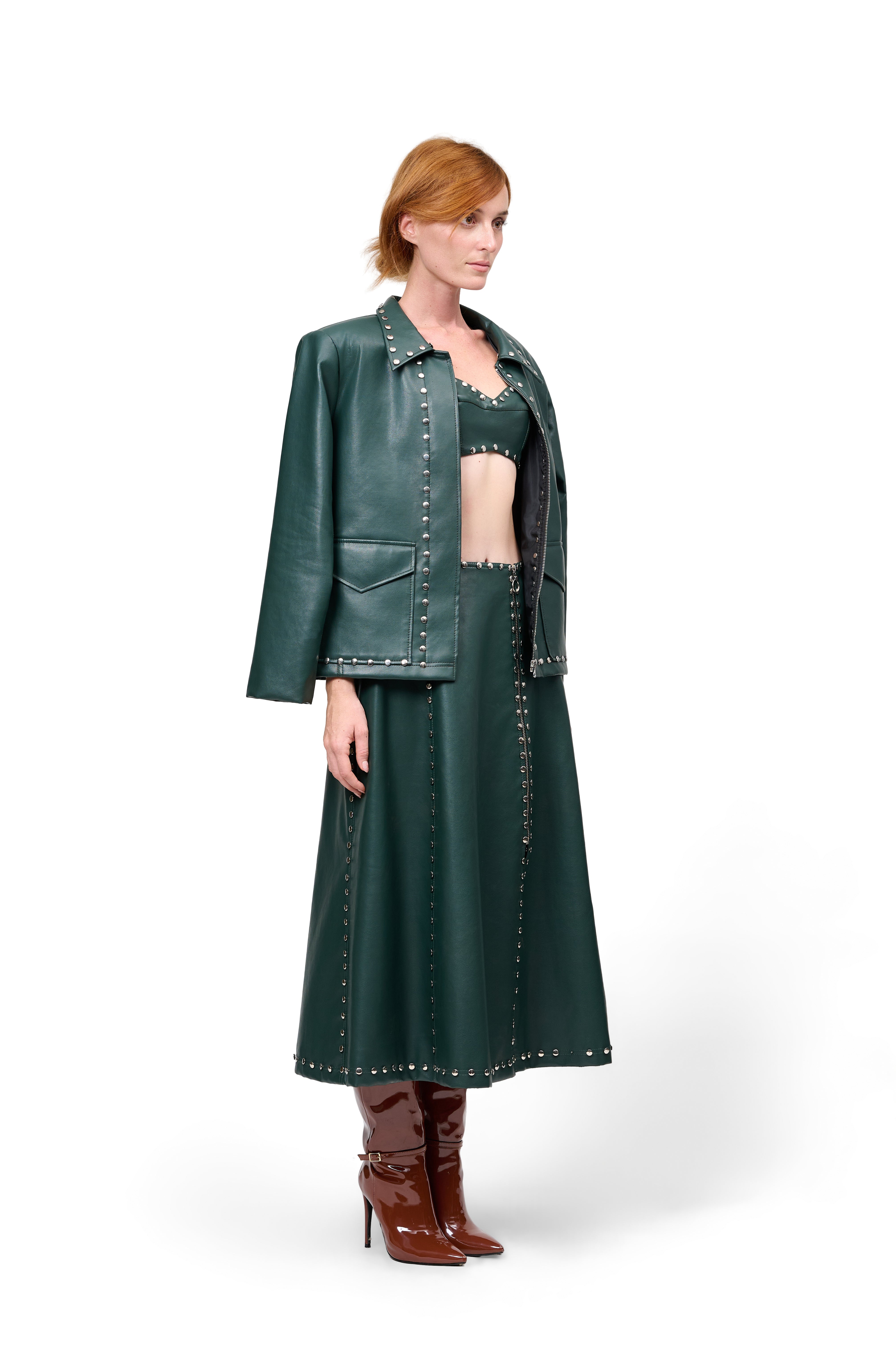 DEEP GREEN LEATHER JACKET SILVER STUDS ZIP FRONT SKIRT