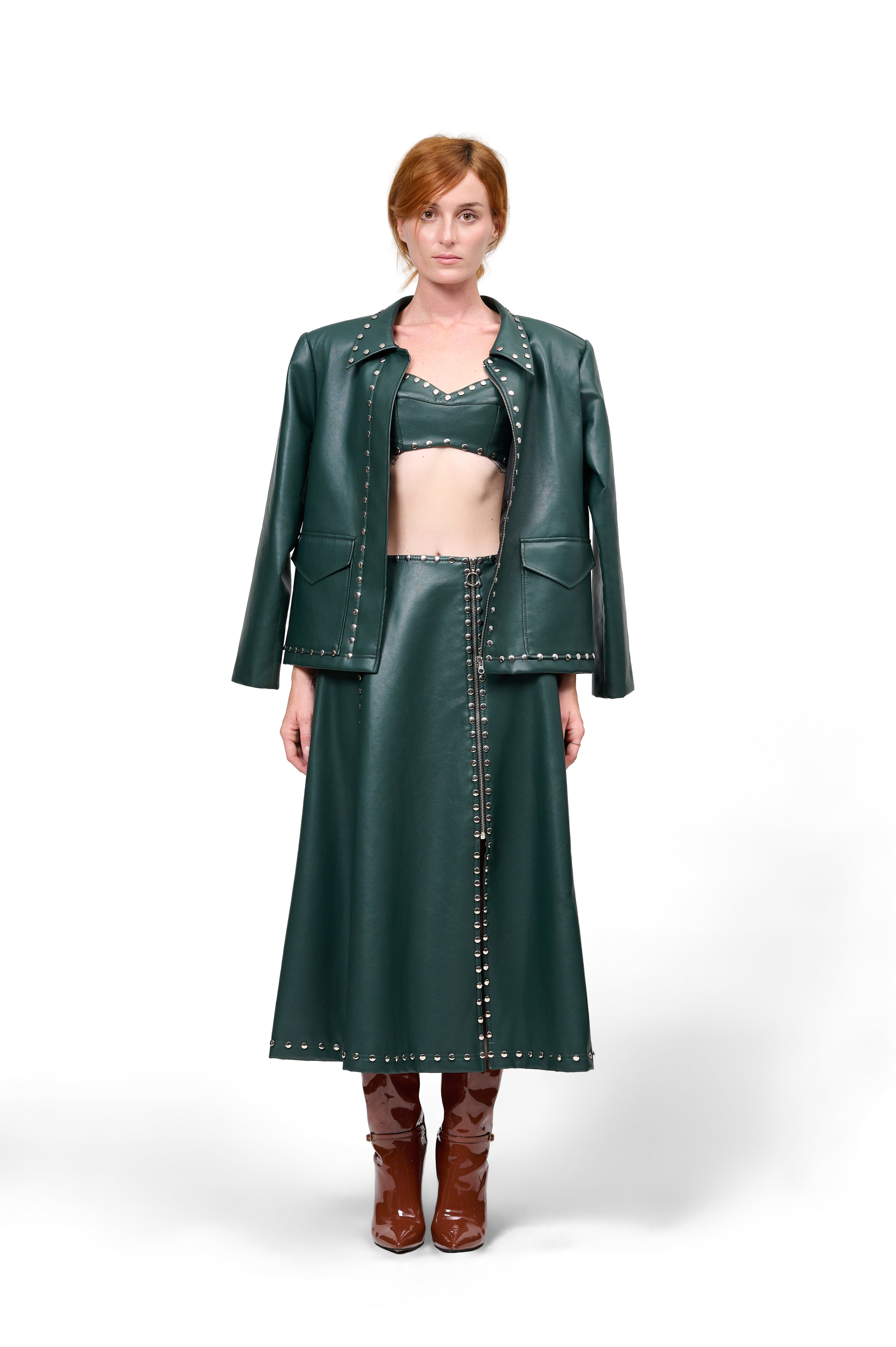 DEEP GREEN LEATHER JACKET SILVER STUDS ZIP FRONT SKIRT