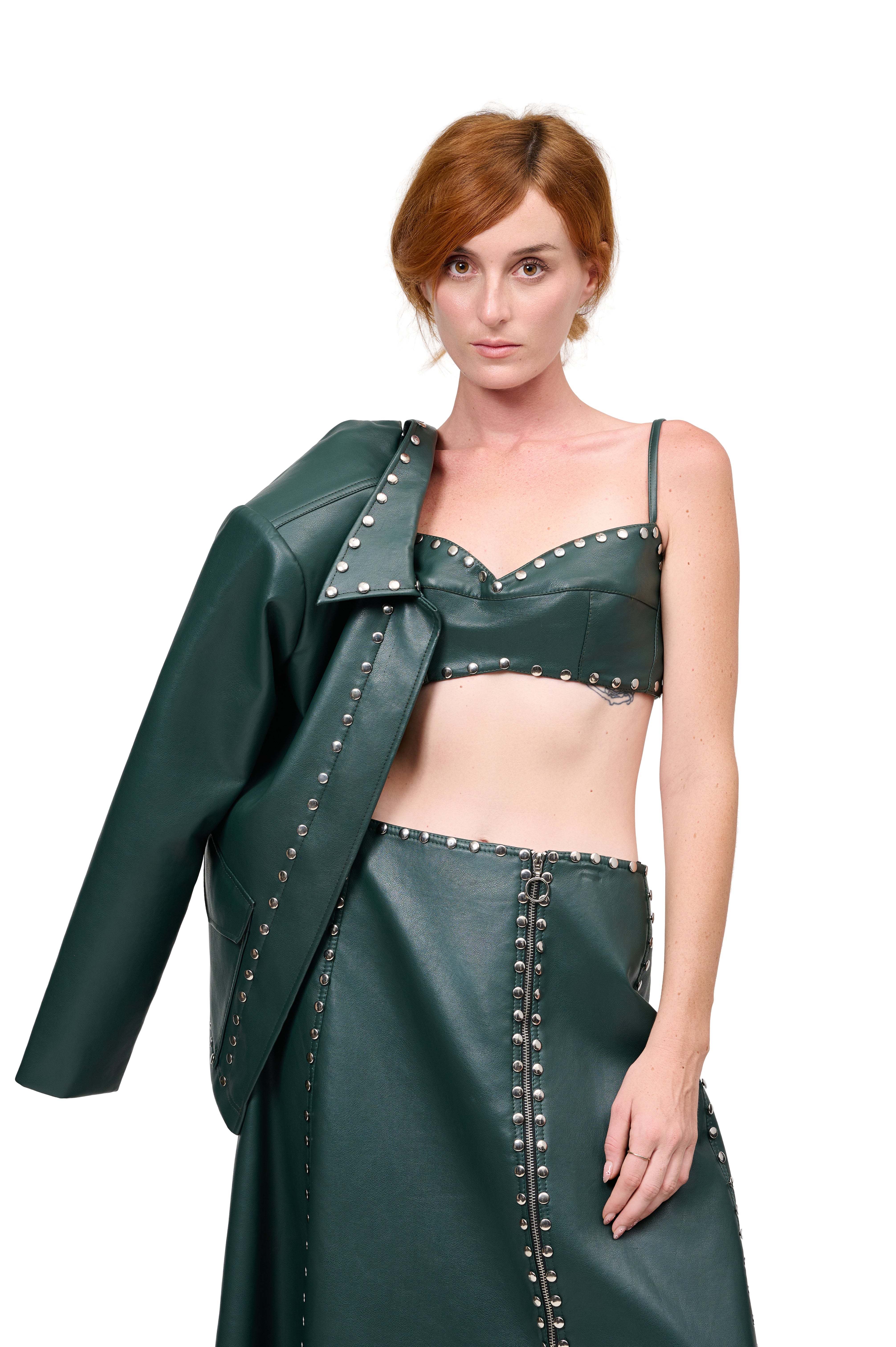 DEEP GREEN LEATHER JACKET SILVER STUDS ZIP FRONT SKIRT