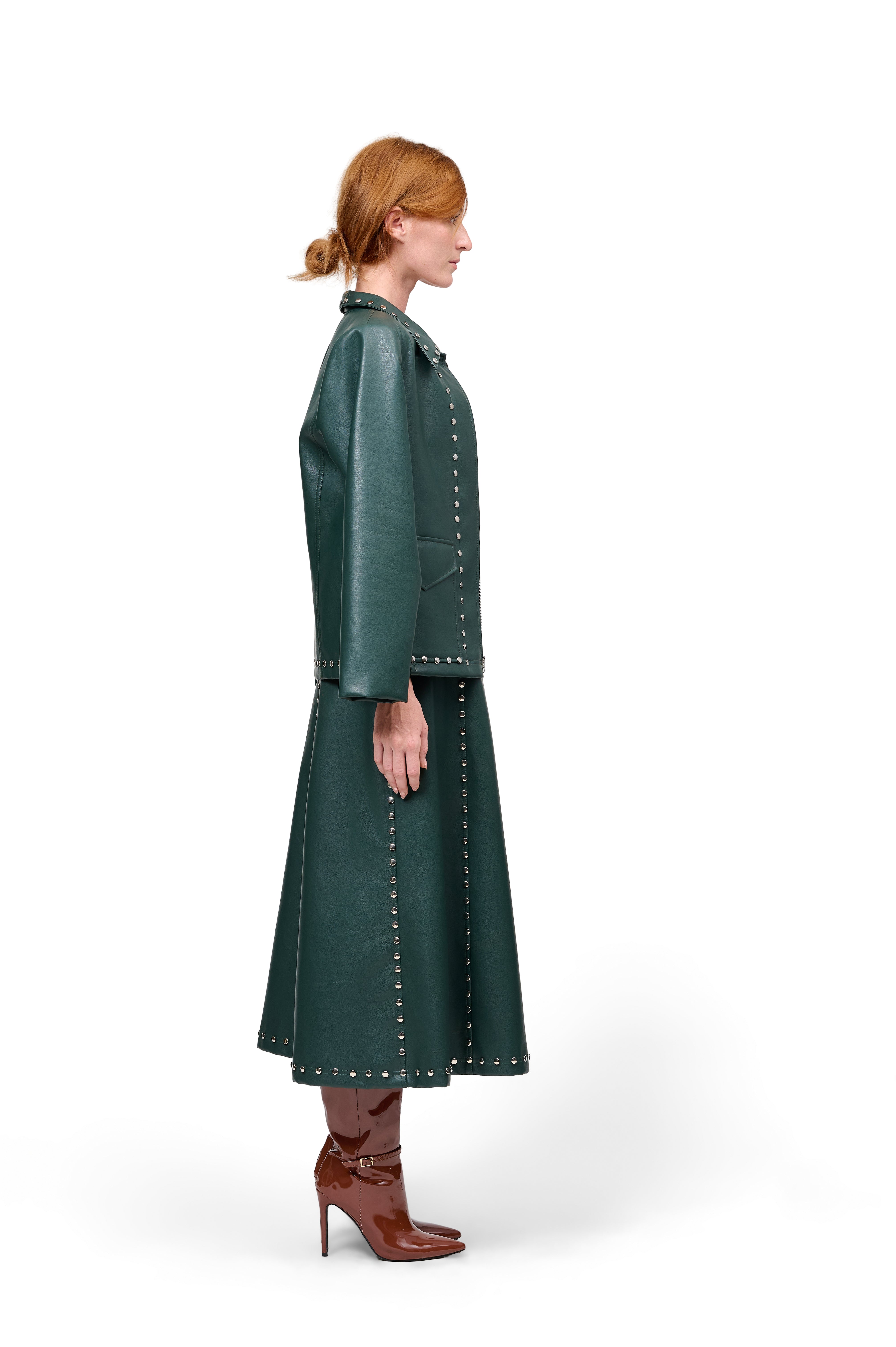 DEEP GREEN LEATHER JACKET SILVER STUDS ZIP FRONT SKIRT