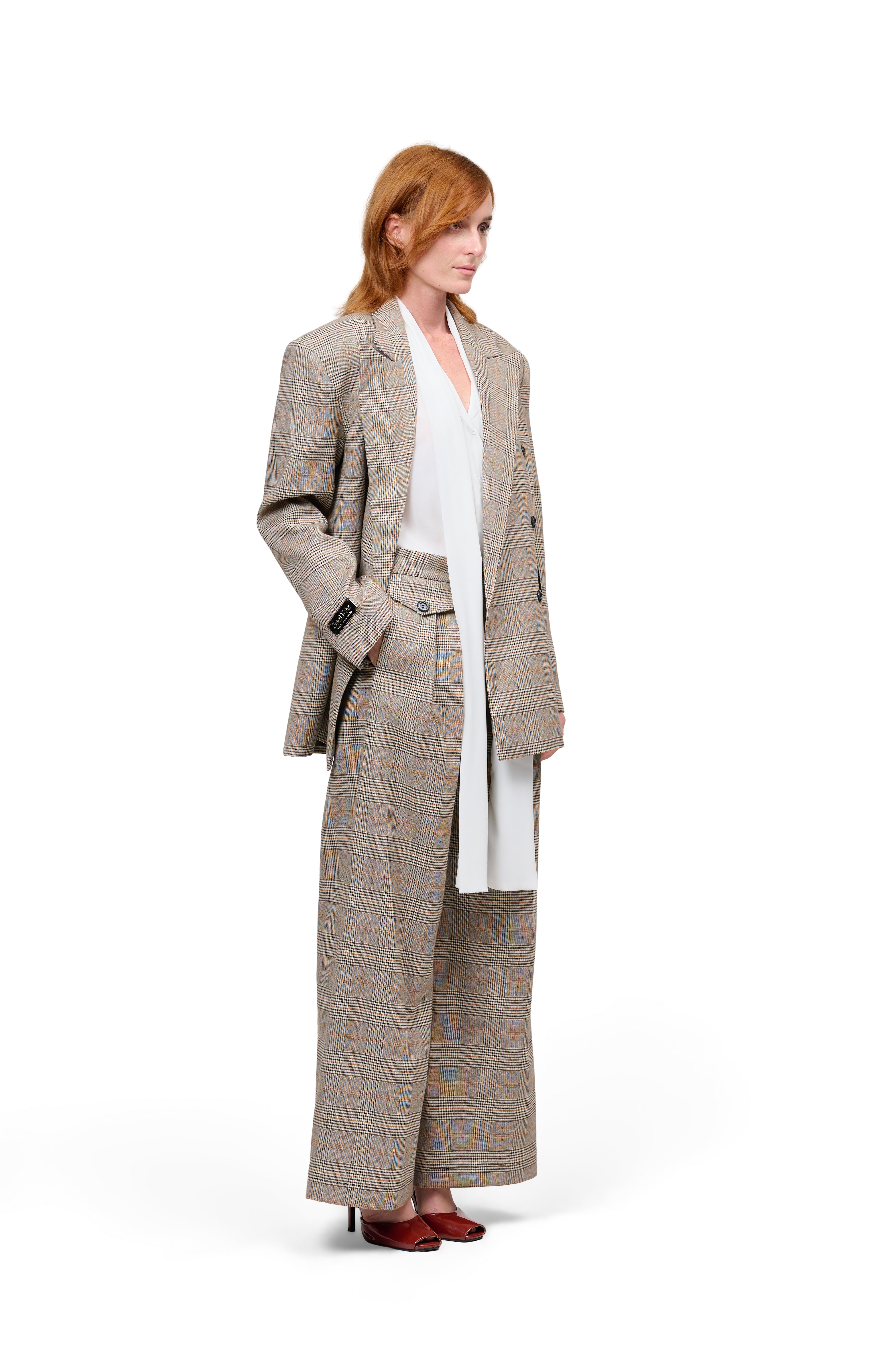 OVERSIZED BLAZER CLASSIC PLAID CHECK BEIGE DOUBLE BREASTED HIGH WAISTED WIDE LEG TROUSERS