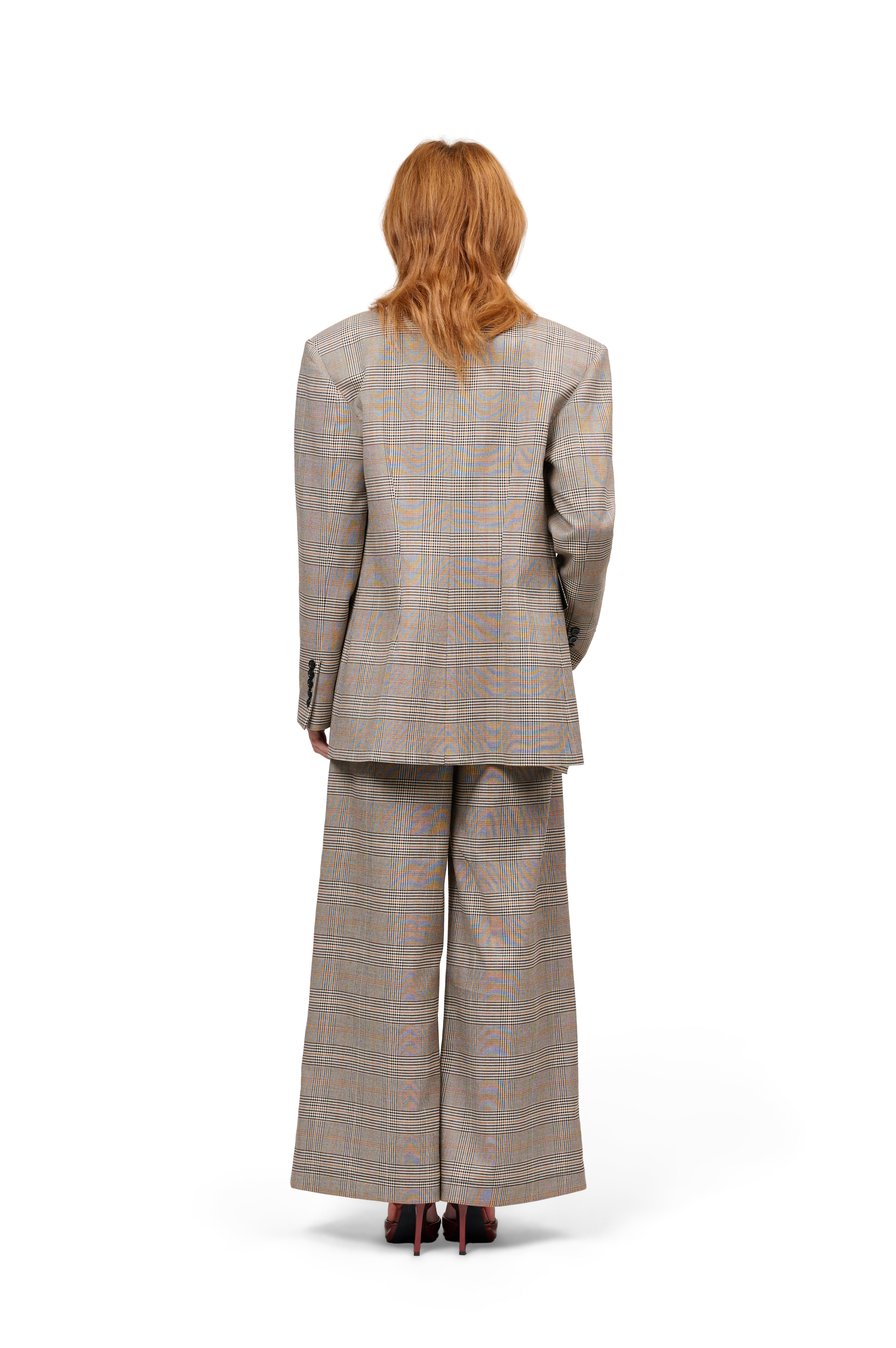 OVERSIZED BLAZER CLASSIC PLAID CHECK BEIGE DOUBLE BREASTED HIGH WAISTED WIDE LEG TROUSERS
