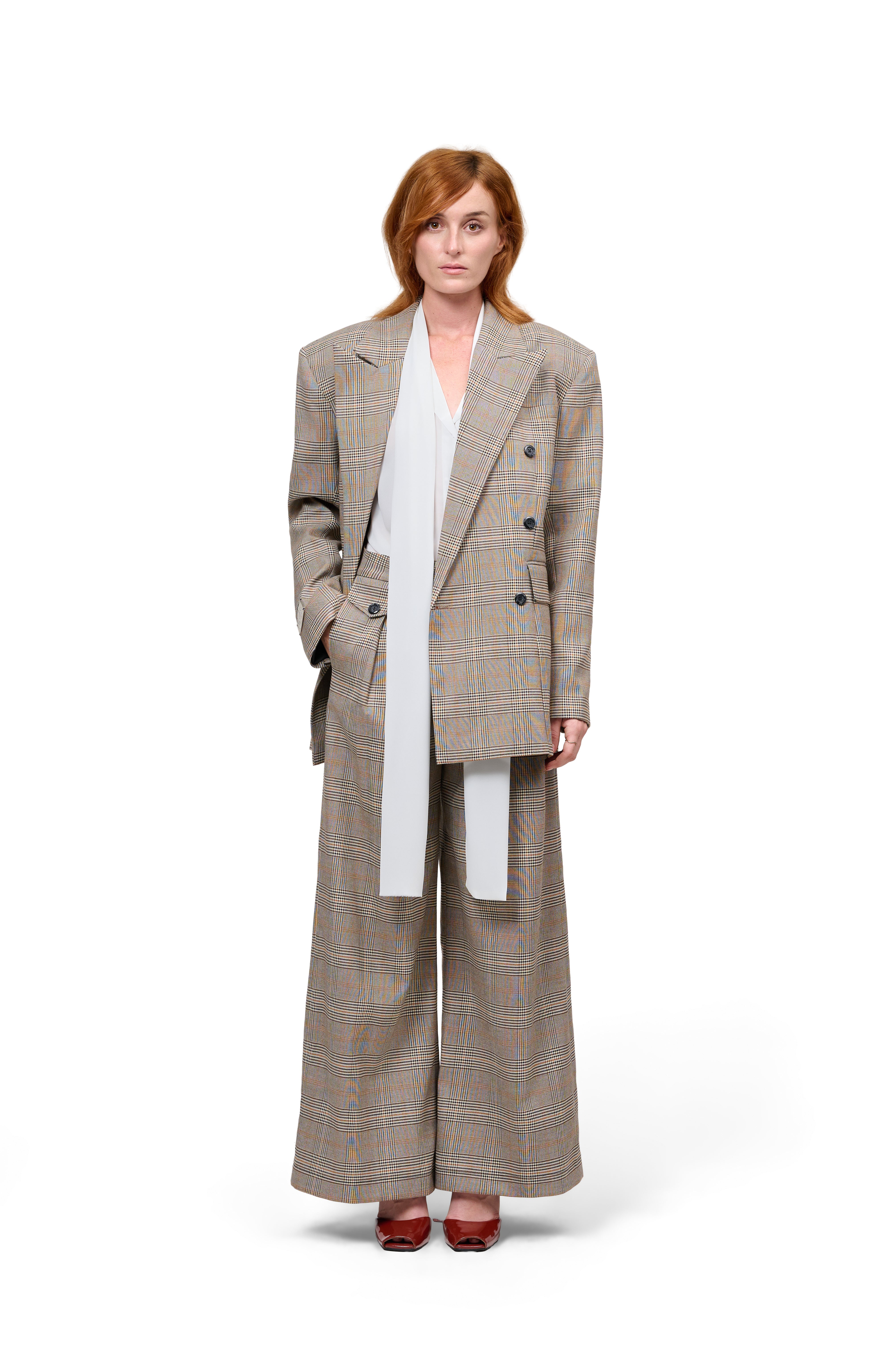 OVERSIZED BLAZER CLASSIC PLAID CHECK BEIGE DOUBLE BREASTED HIGH WAISTED WIDE LEG TROUSERS
