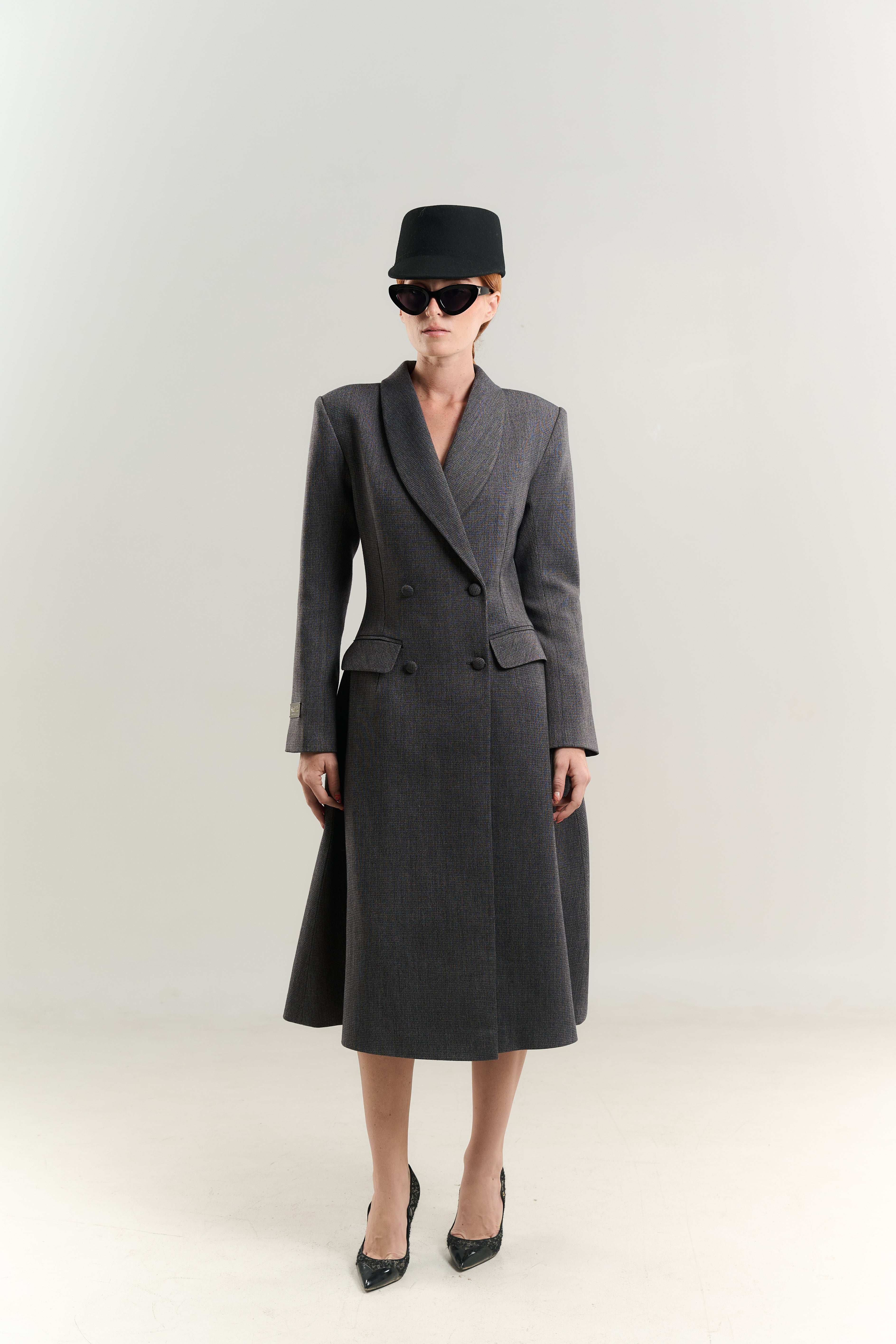 PRINCESS COAT TUXEDO NECK JETTED POCKETS WITH FLAP DOUBLE BREASTED