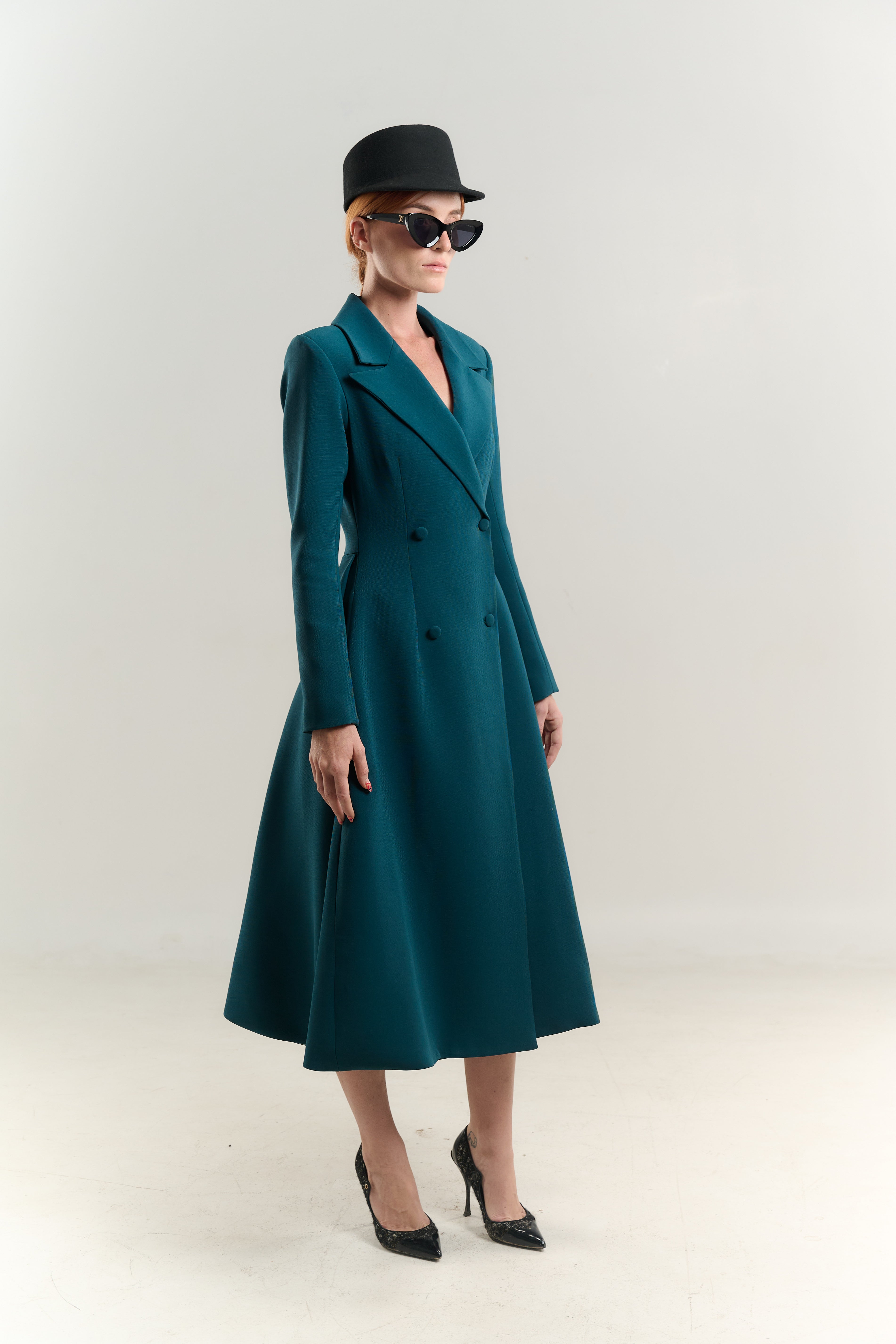 PRINCESS SWING COAT BLAZER NECK DOUBLE BREASTED EMERALD BLUE