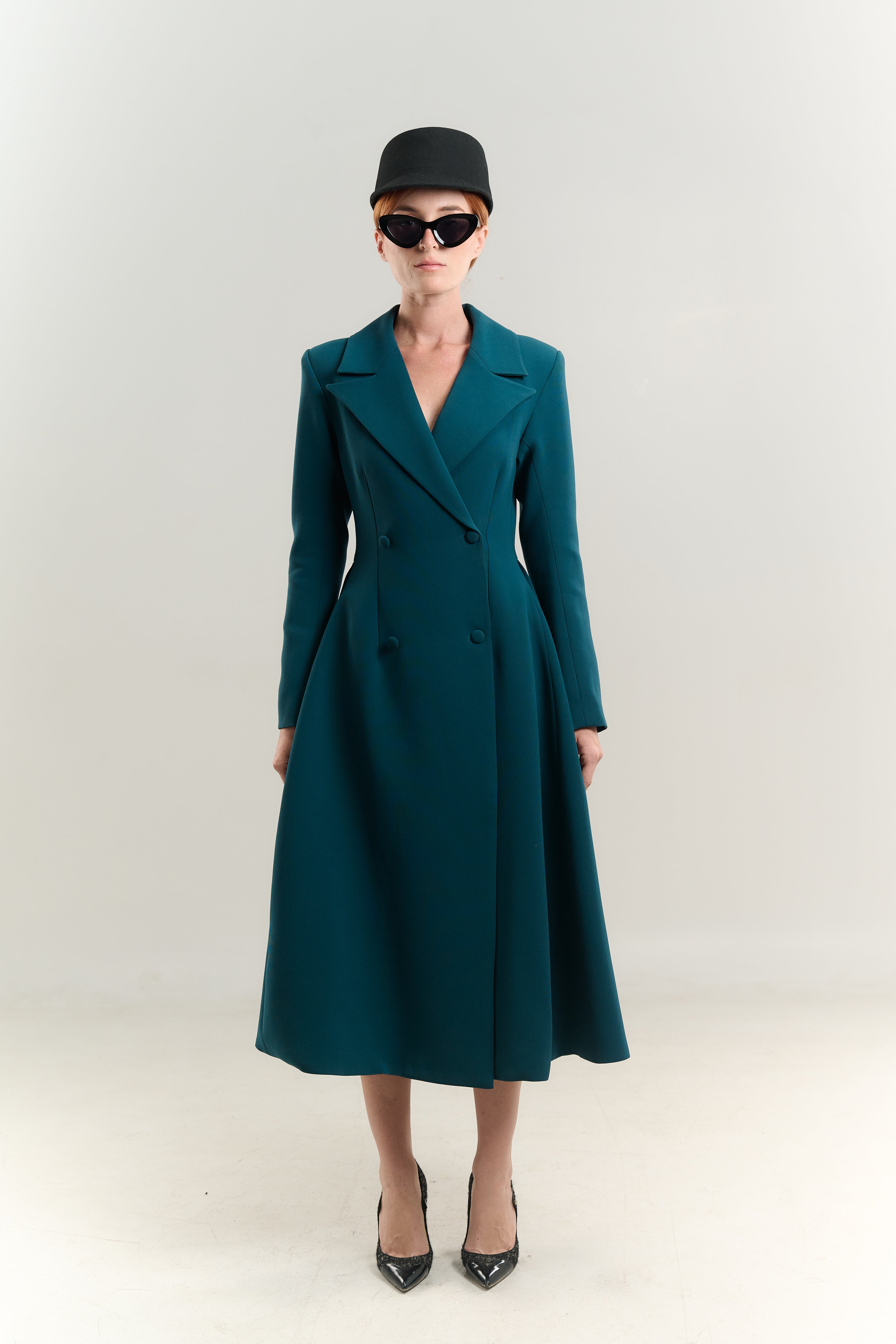 PRINCESS SWING COAT BLAZER NECK DOUBLE BREASTED EMERALD BLUE