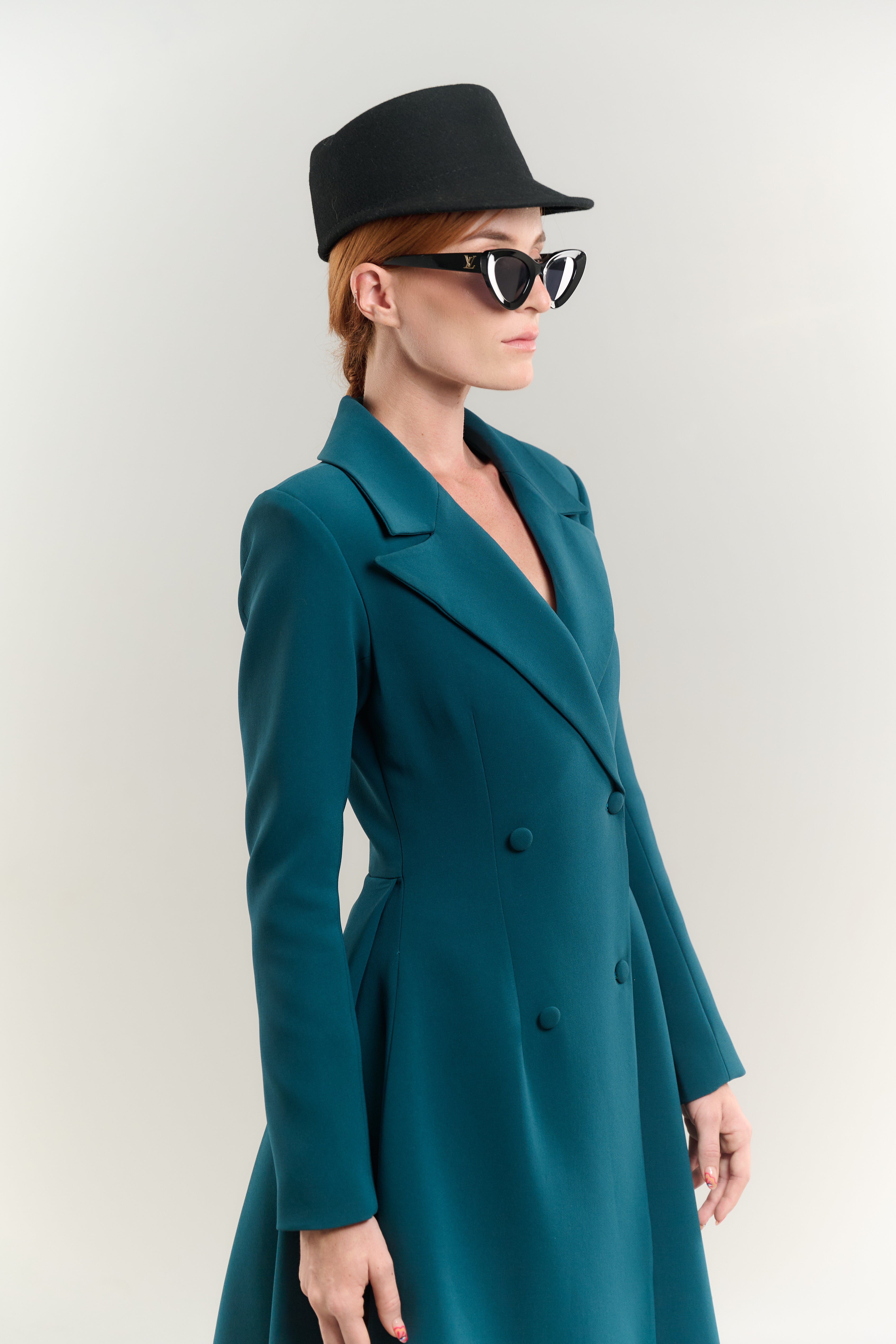 PRINCESS SWING COAT BLAZER NECK DOUBLE BREASTED EMERALD BLUE