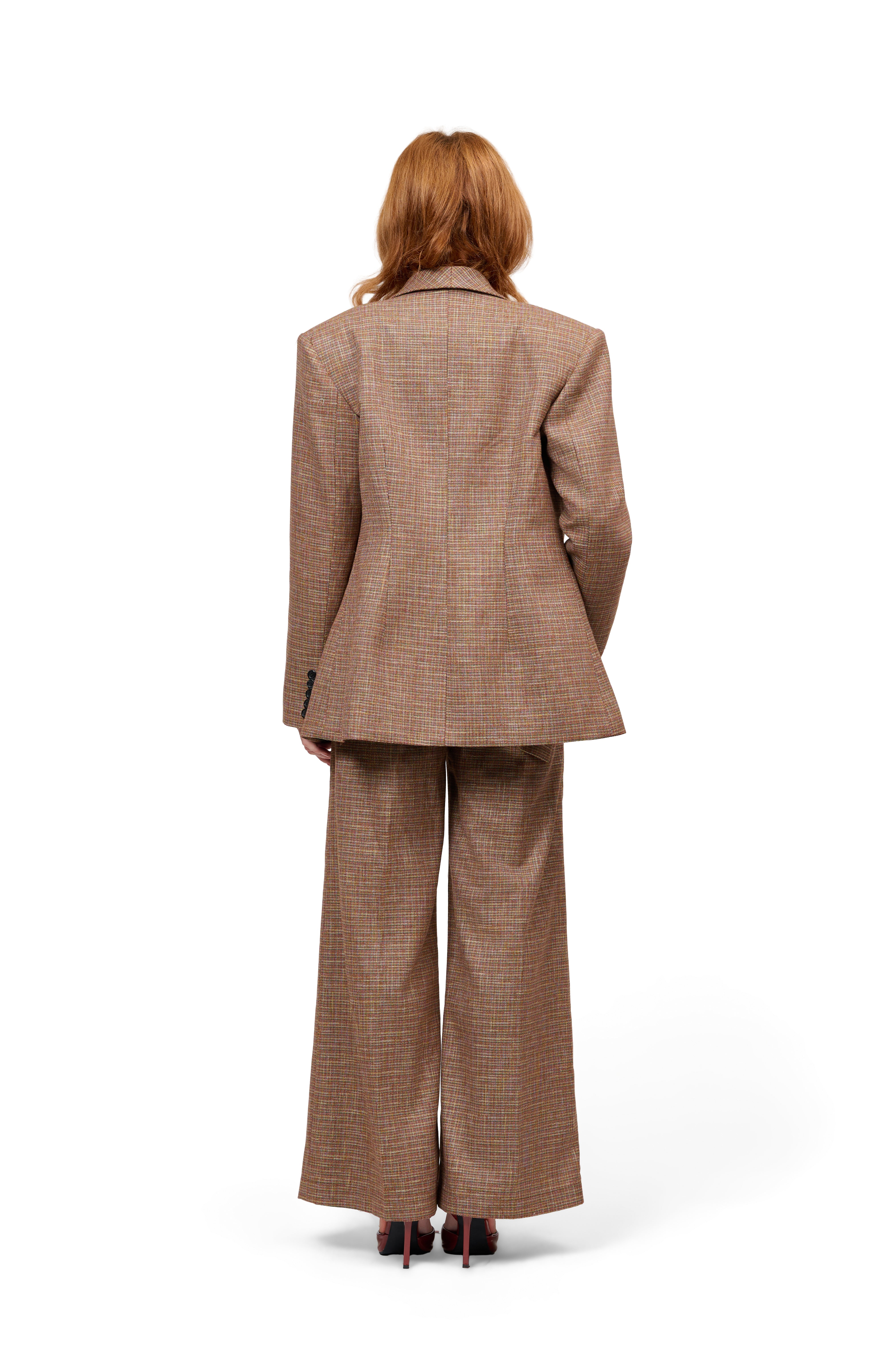 RUST TONED PLAID CHECK OVERSIZED BLAZER DOUBLE BREASTED MATCHING HIGH WAISTED WIDE LEG TROUSERS