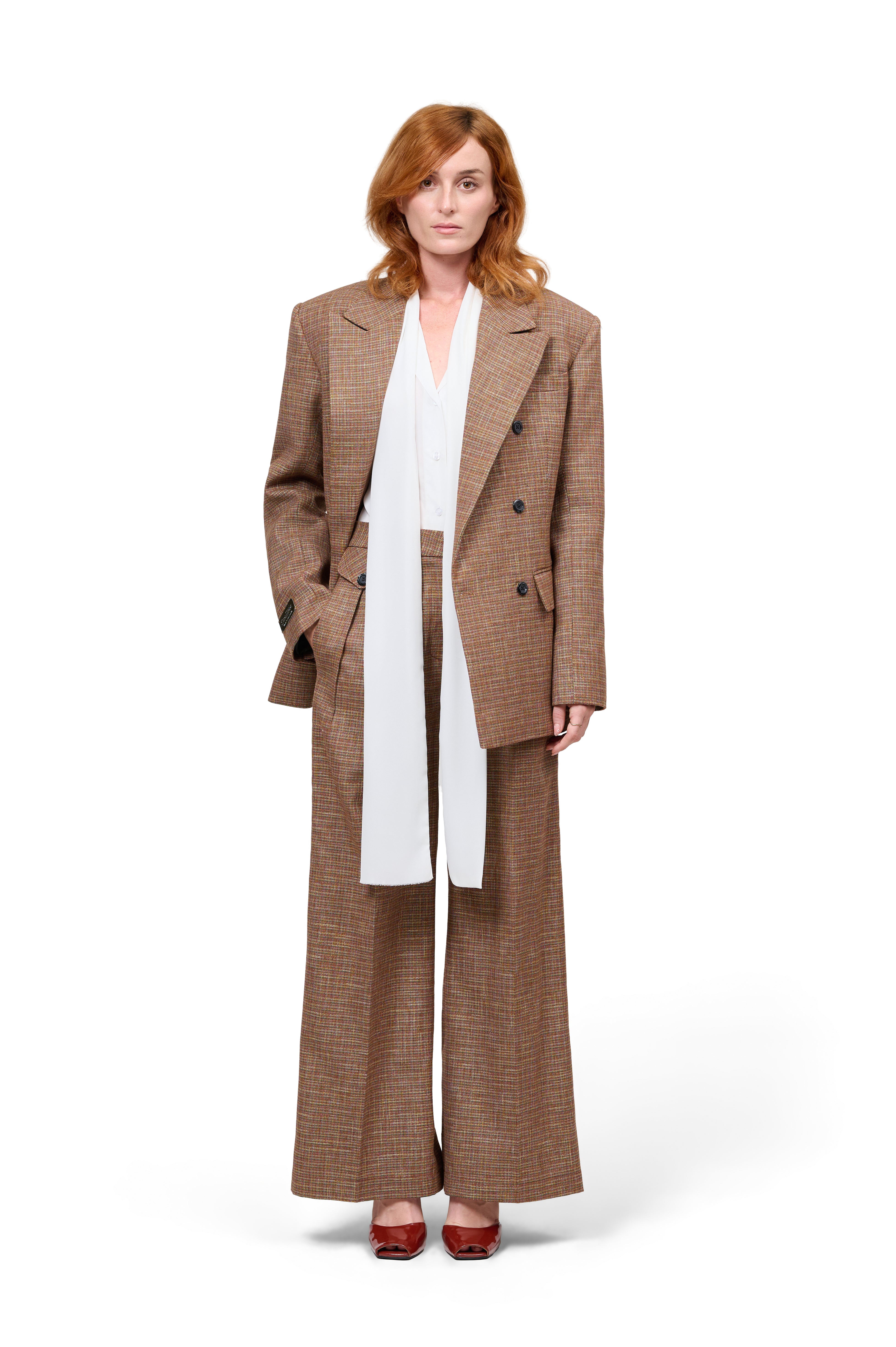 RUST TONED PLAID CHECK OVERSIZED BLAZER DOUBLE BREASTED MATCHING HIGH WAISTED WIDE LEG TROUSERS