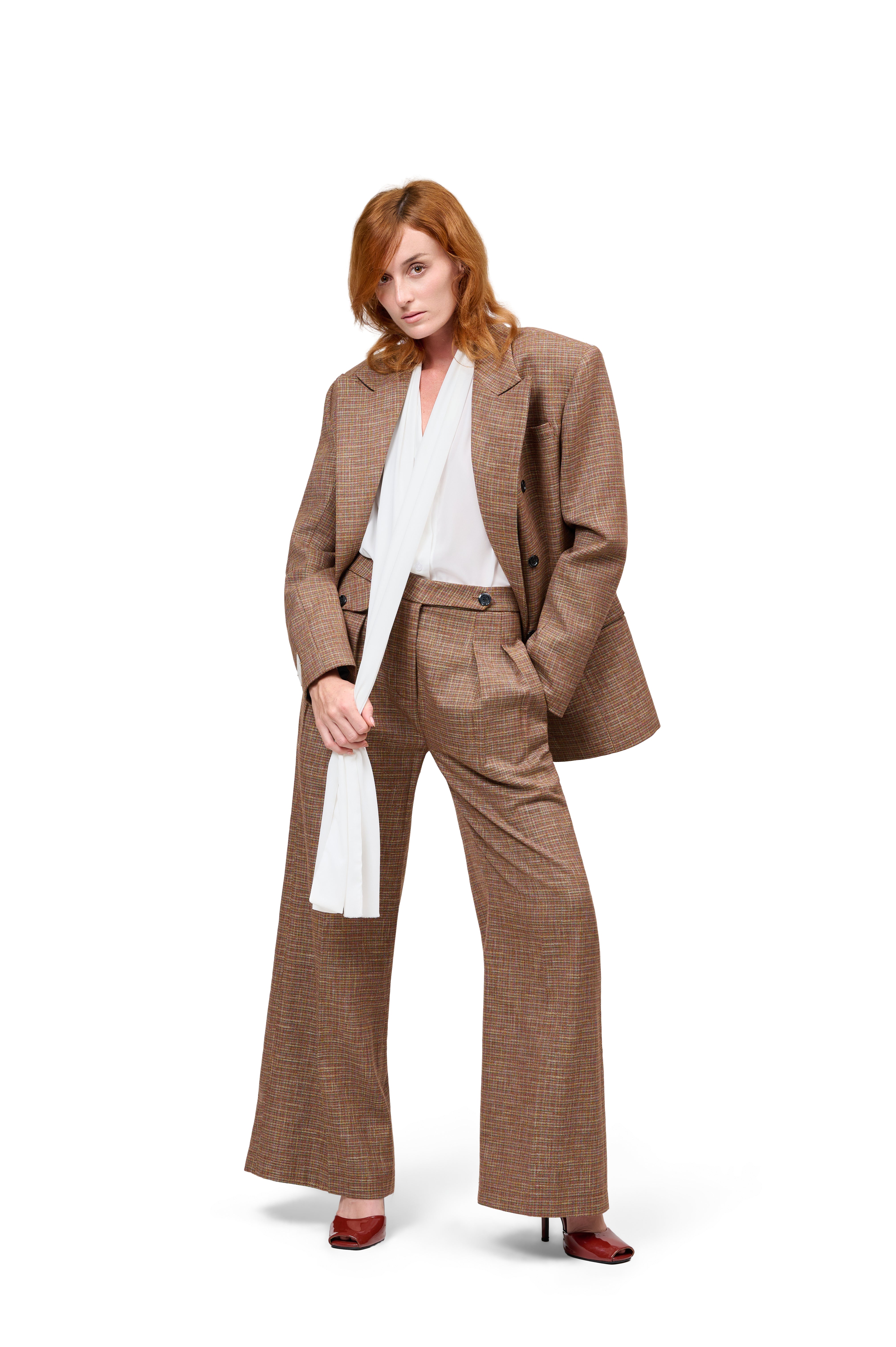 RUST TONED PLAID CHECK OVERSIZED BLAZER DOUBLE BREASTED MATCHING HIGH WAISTED WIDE LEG TROUSERS