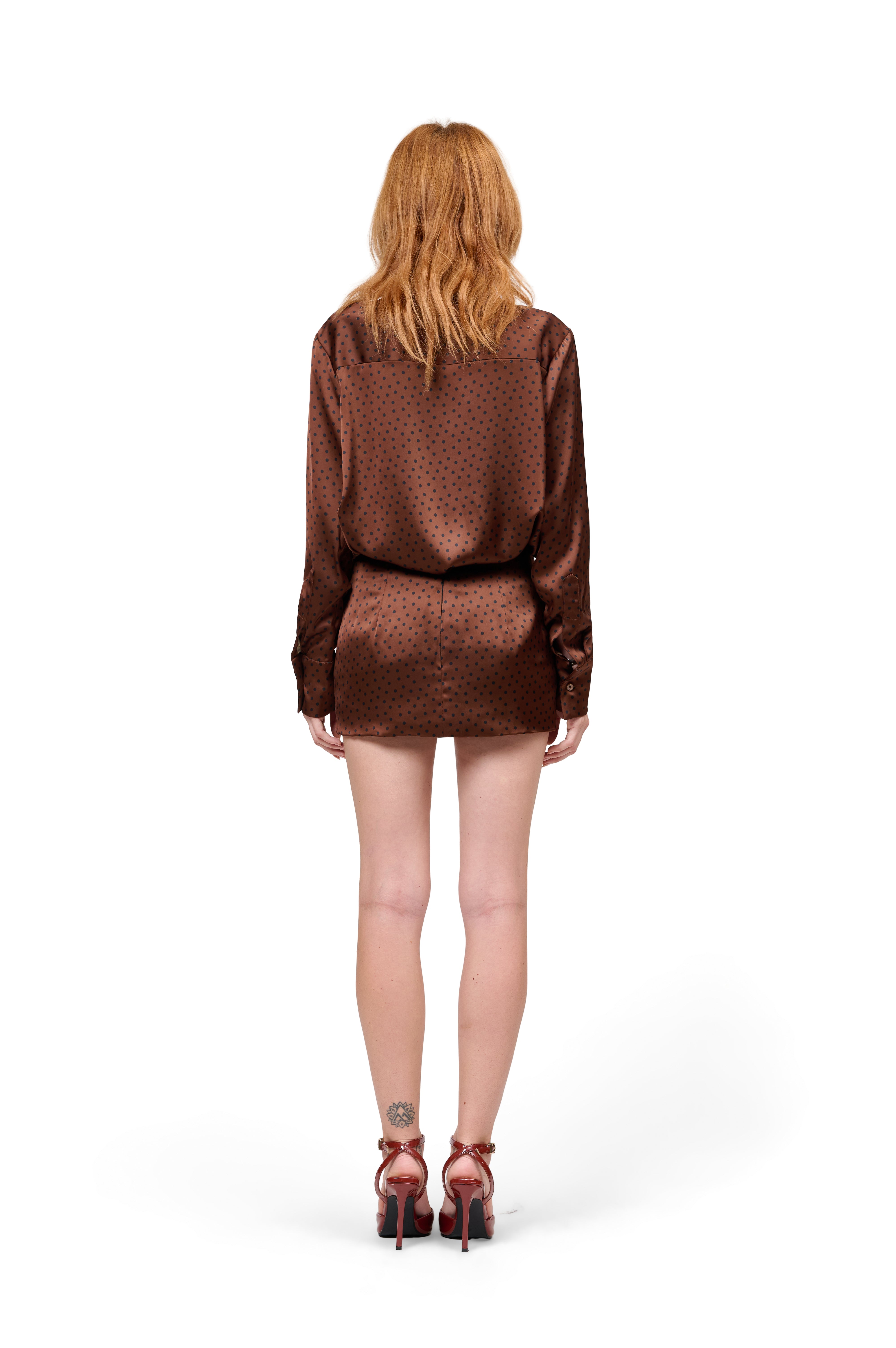 SILKY BROWN POLKA DOT TIE NECK BLOUSE WITH MATCHING MINI SKIRT