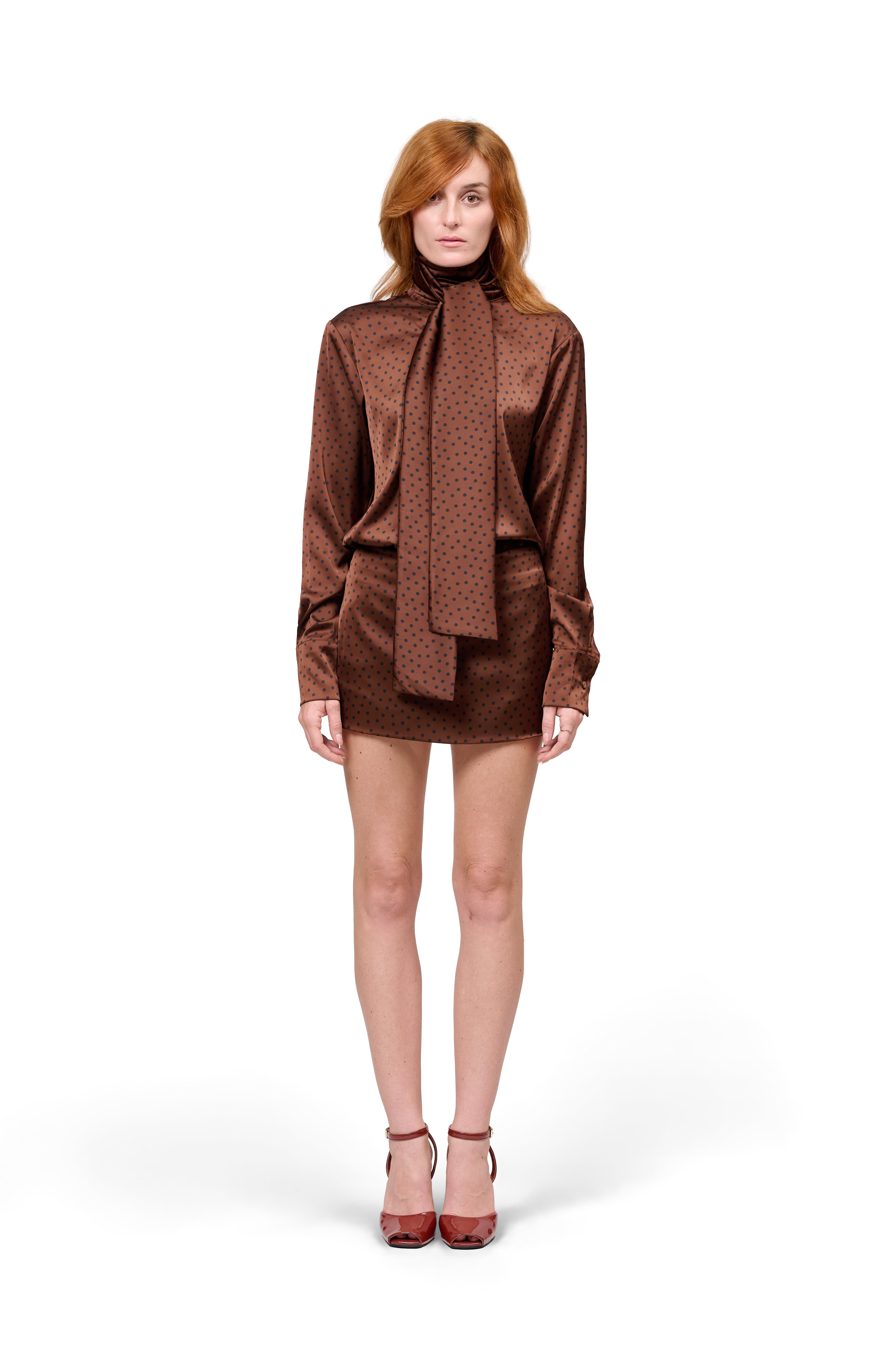 SILKY BROWN POLKA DOT TIE NECK BLOUSE WITH MATCHING MINI SKIRT