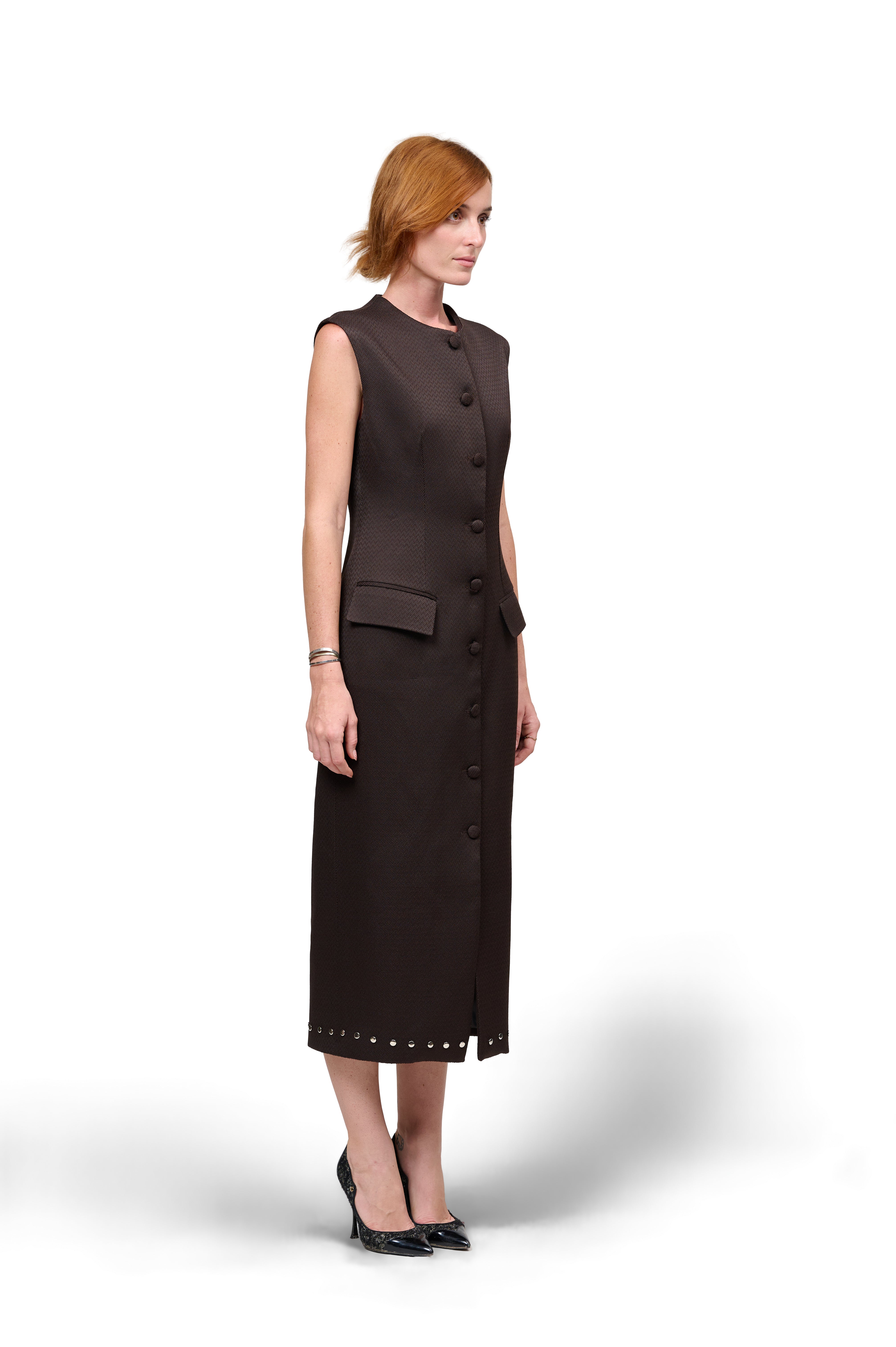 SLEEVELESS MIDI COAT DRESS ESPRESSO BROWN