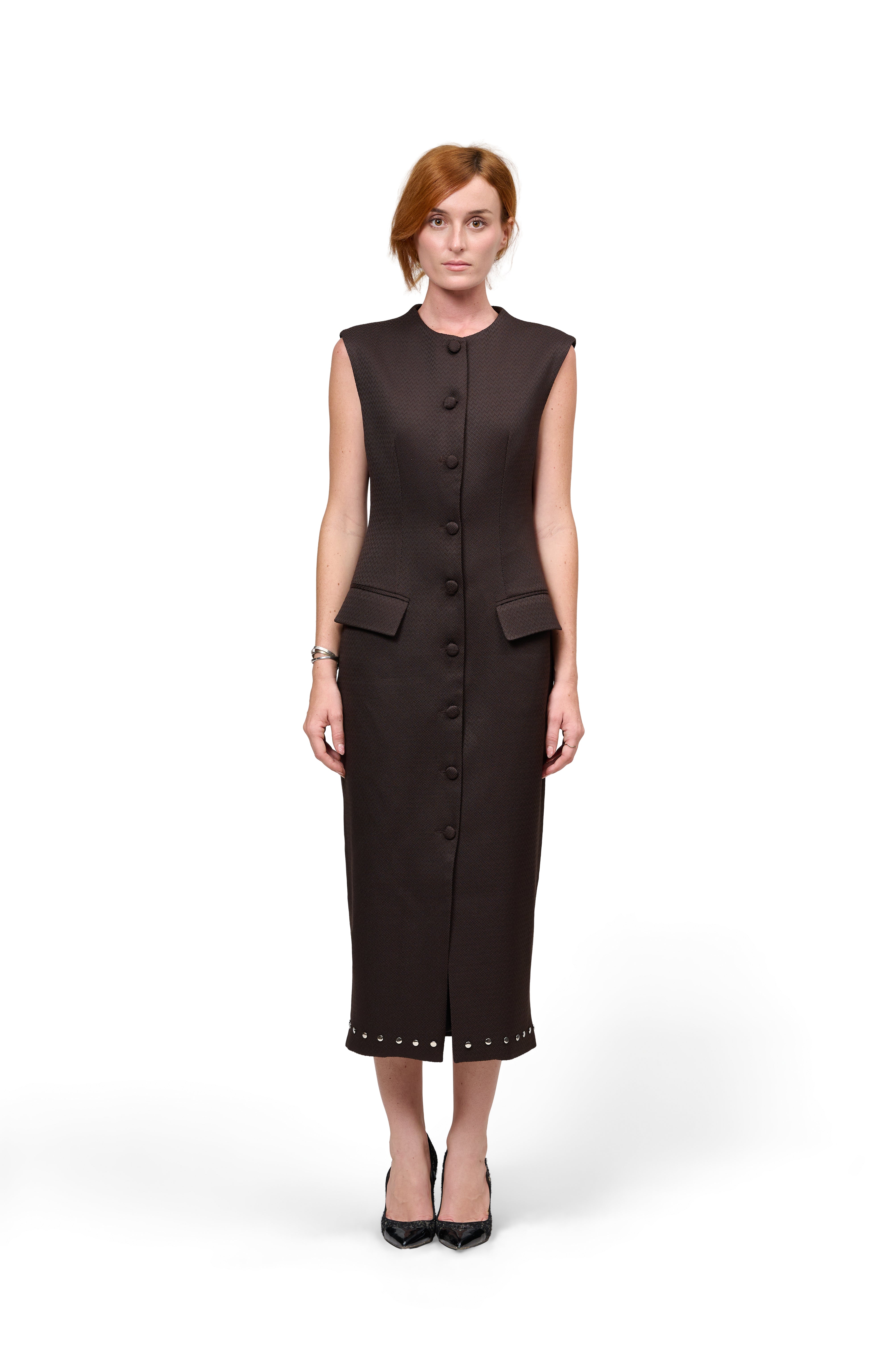 SLEEVELESS MIDI COAT DRESS ESPRESSO BROWN