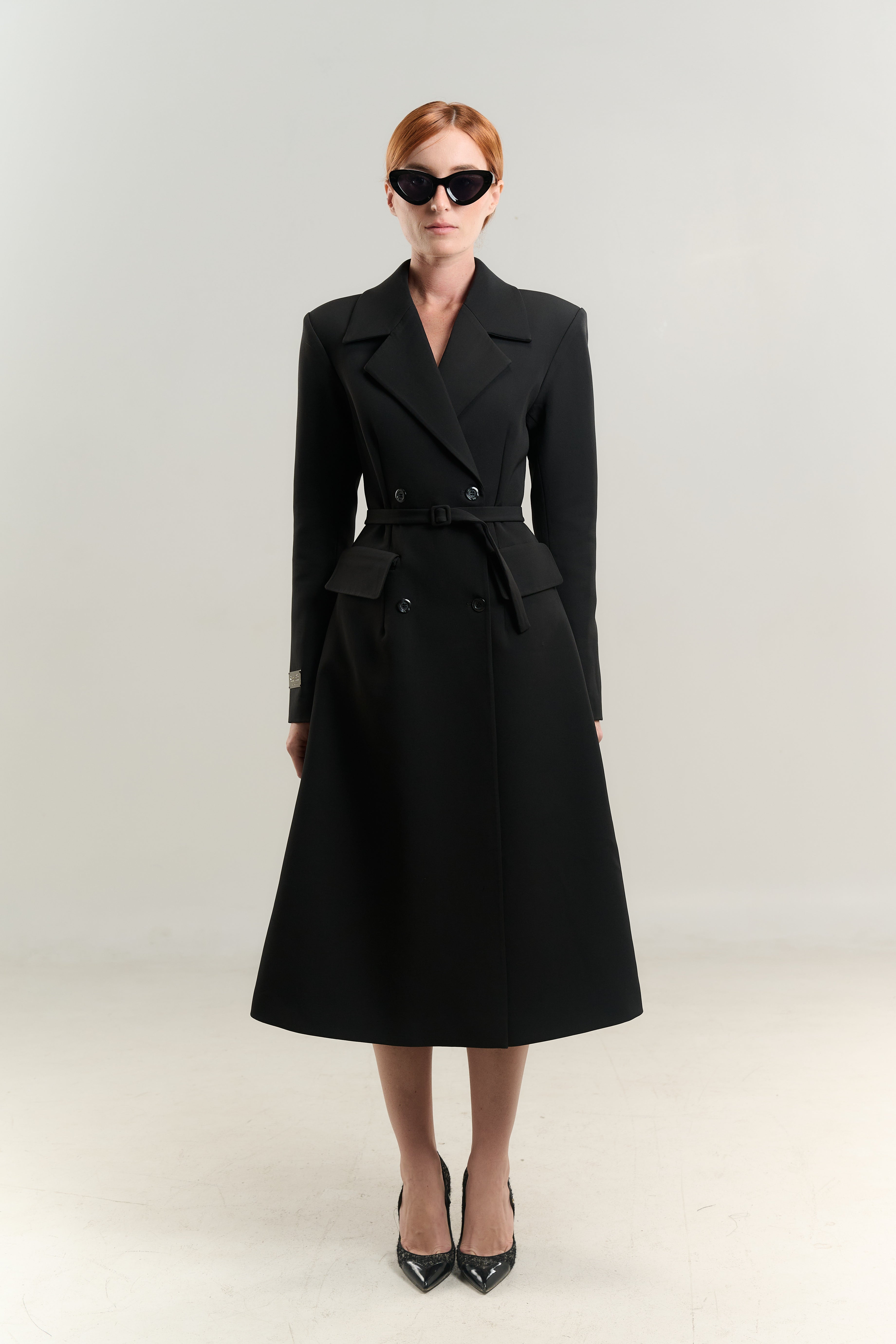 STRAIGHT COAT BLAZER NECK JETTED POCKETS WITH FLAP DOUBLE BREASTED WITH BELT