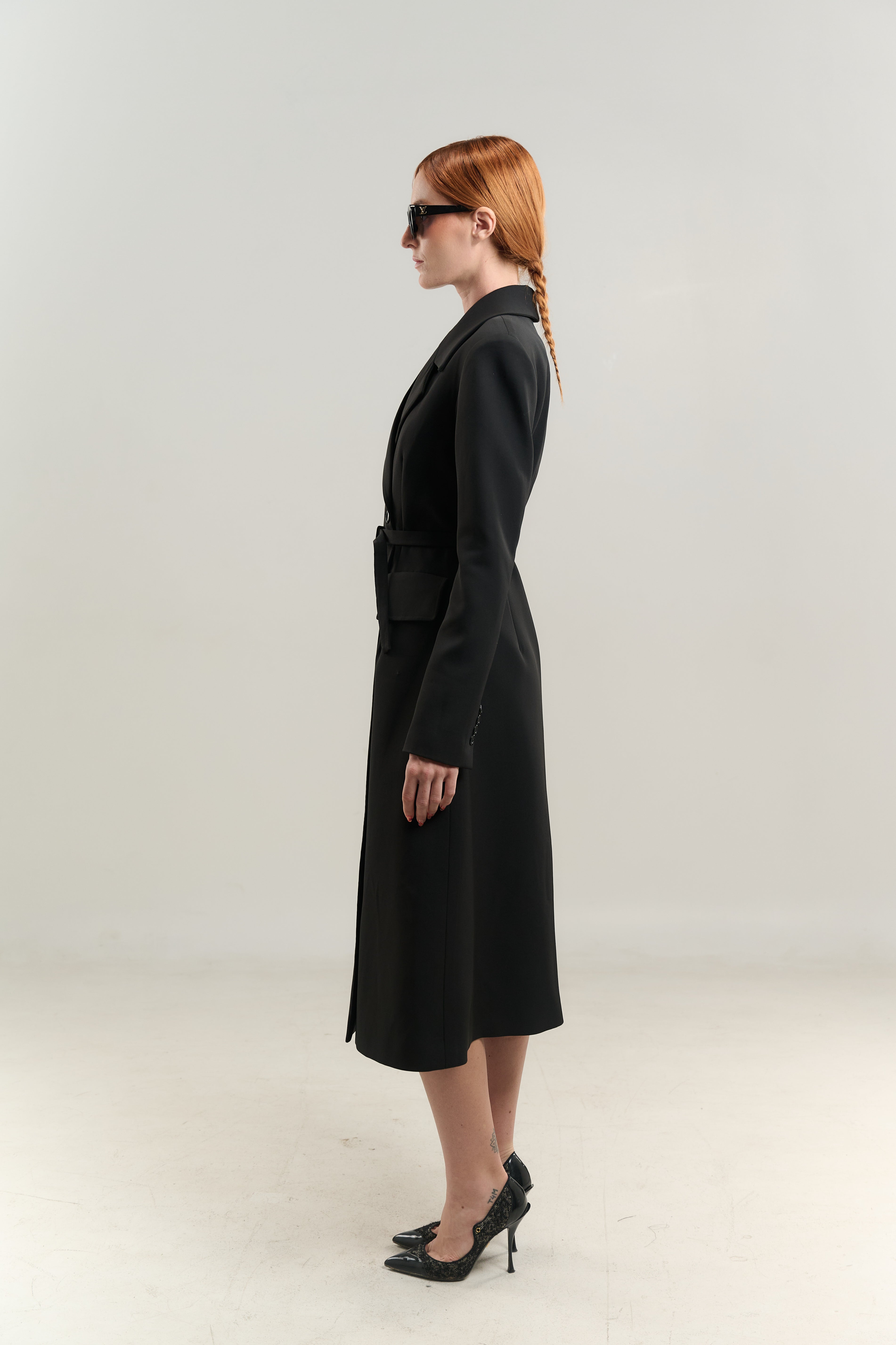 STRAIGHT COAT BLAZER NECK JETTED POCKETS WITH FLAP DOUBLE BREASTED WITH BELT