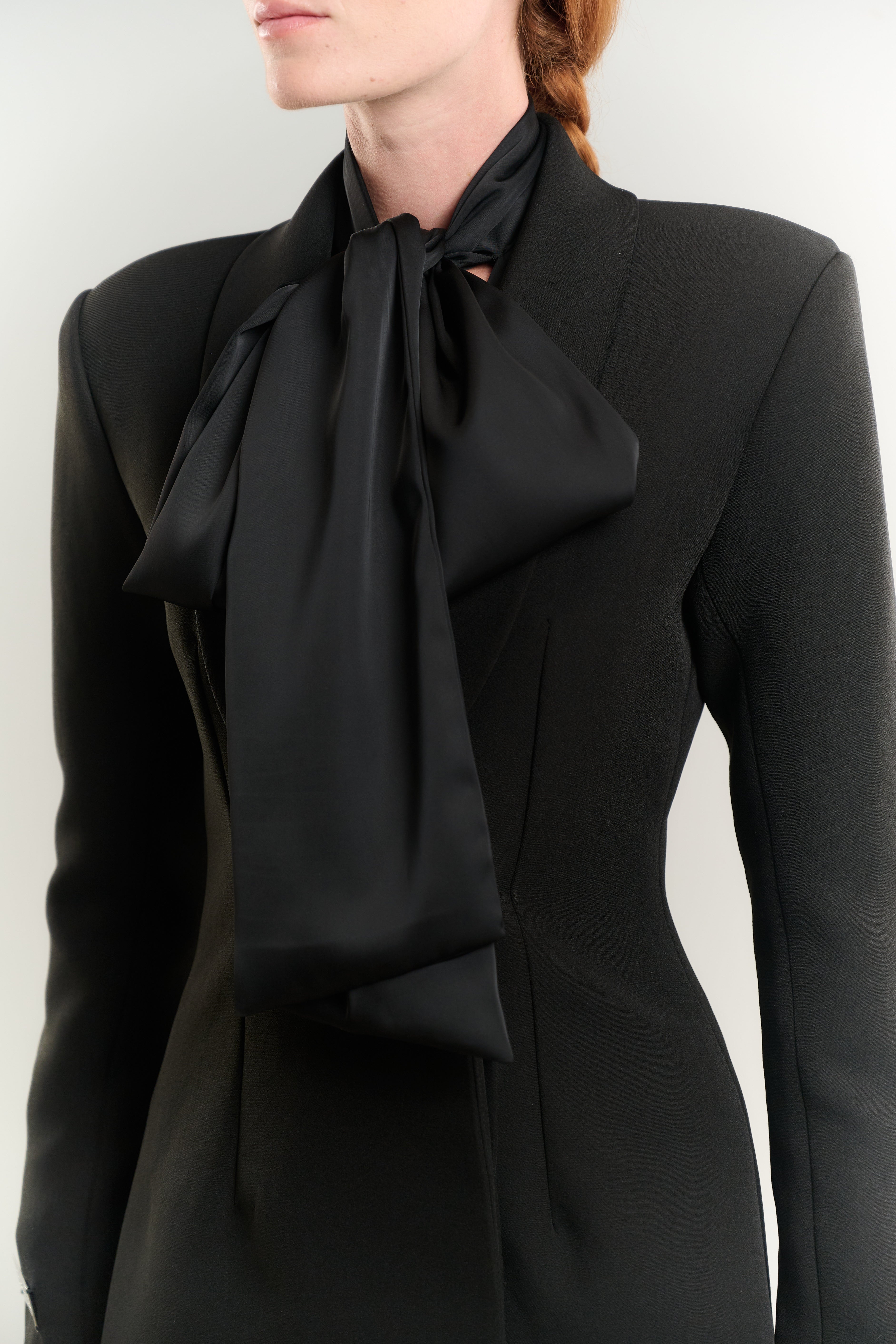 STRAIGHT COAT TUXEDO NECK SATIN TIE SHIRT SINGLE BREASTED HIDDEN BUTTONS