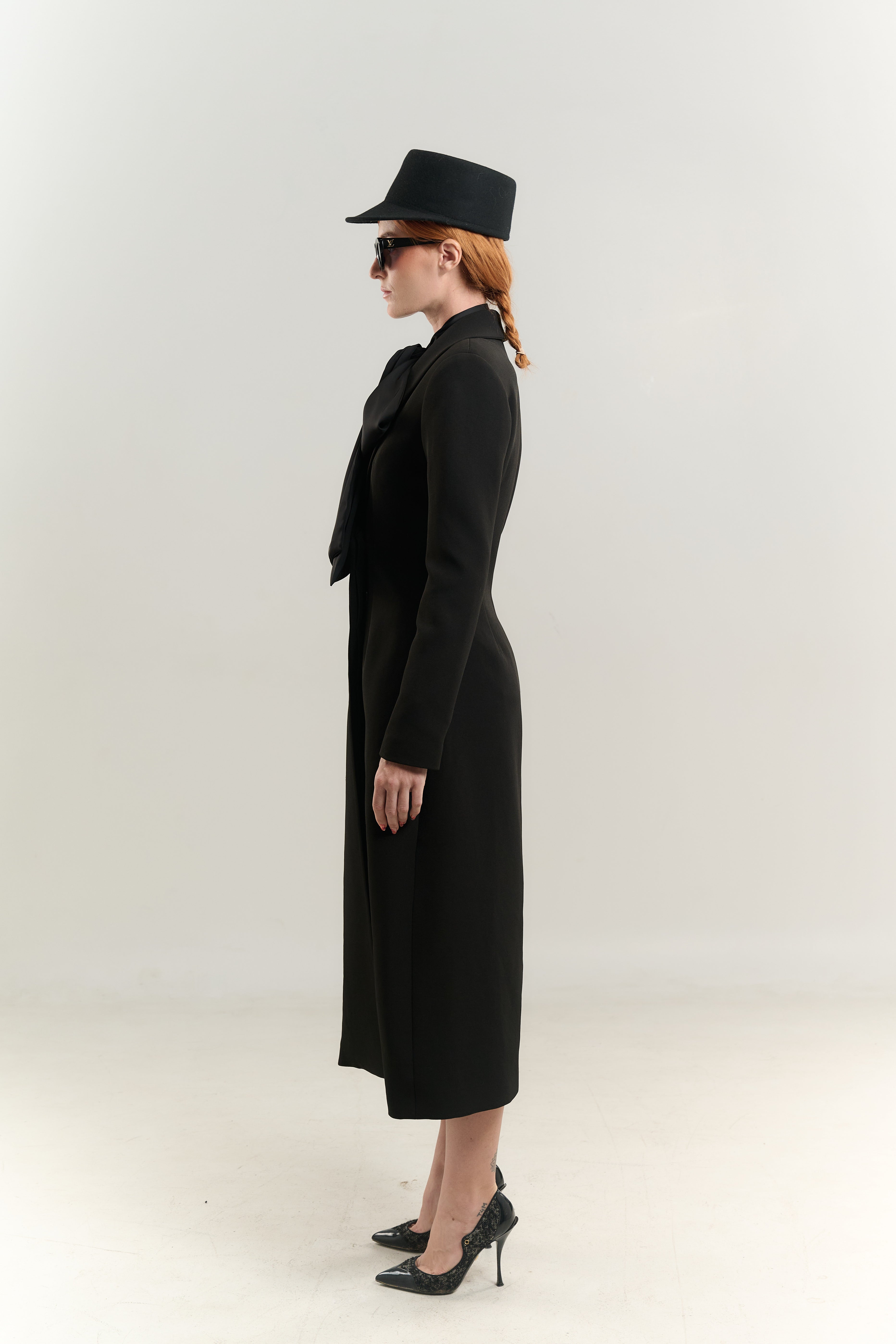 STRAIGHT COAT TUXEDO NECK SATIN TIE SHIRT SINGLE BREASTED HIDDEN BUTTONS