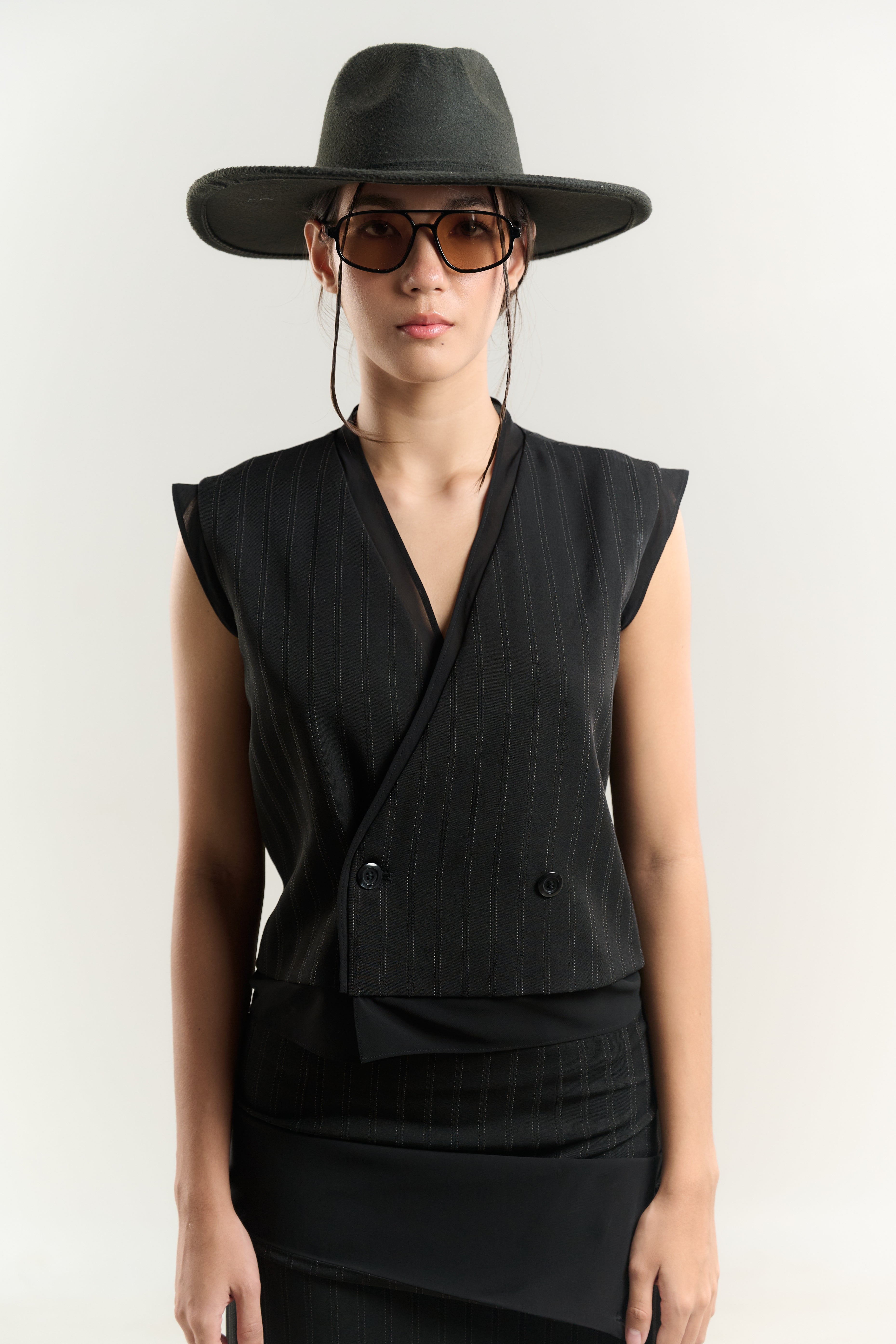 STRAIGHT VEST DOUBLE BREASTED STRAIGHT SKIRT DOUBLE LAYER SIDE BUTTON