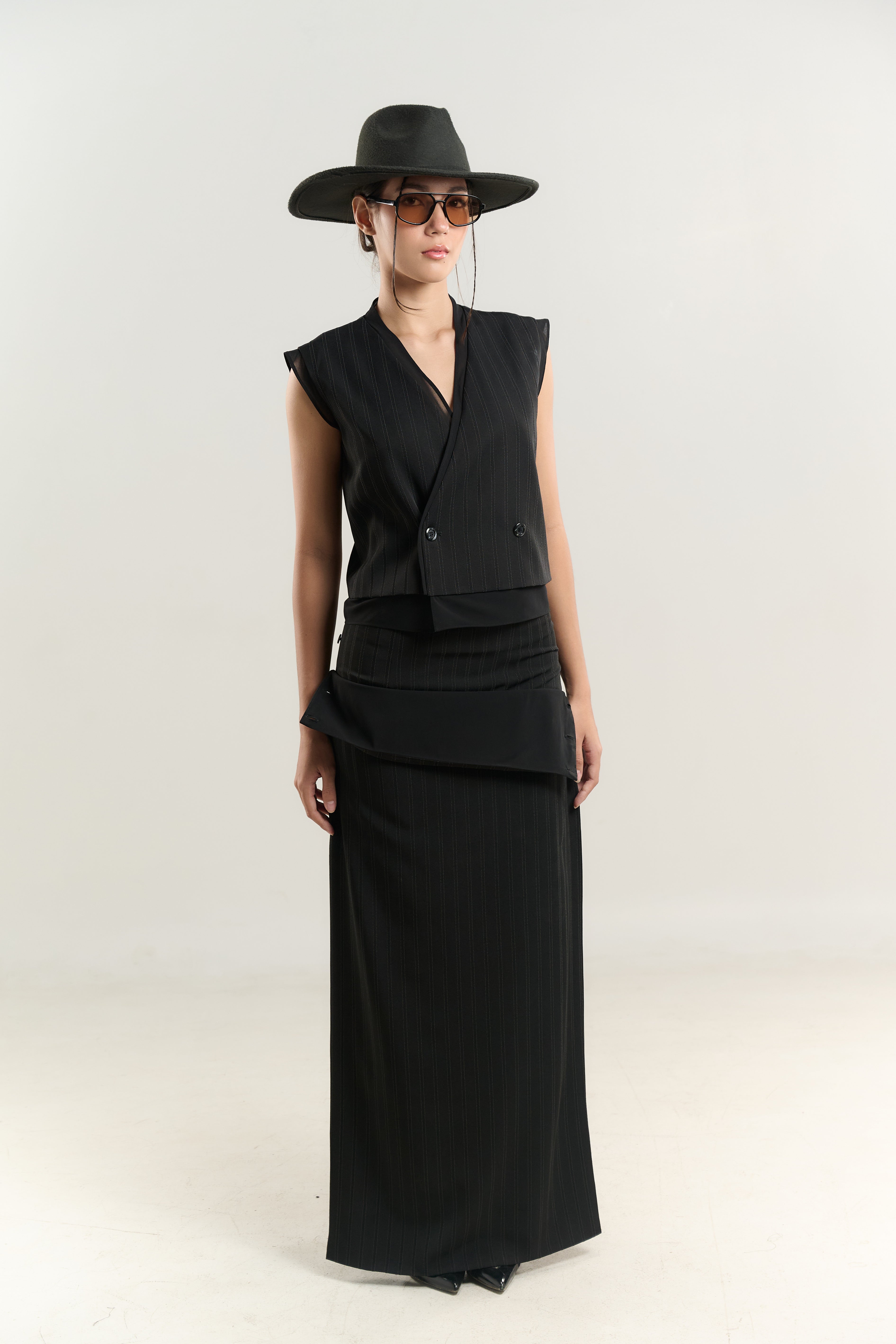 STRAIGHT VEST DOUBLE BREASTED STRAIGHT SKIRT DOUBLE LAYER SIDE BUTTON