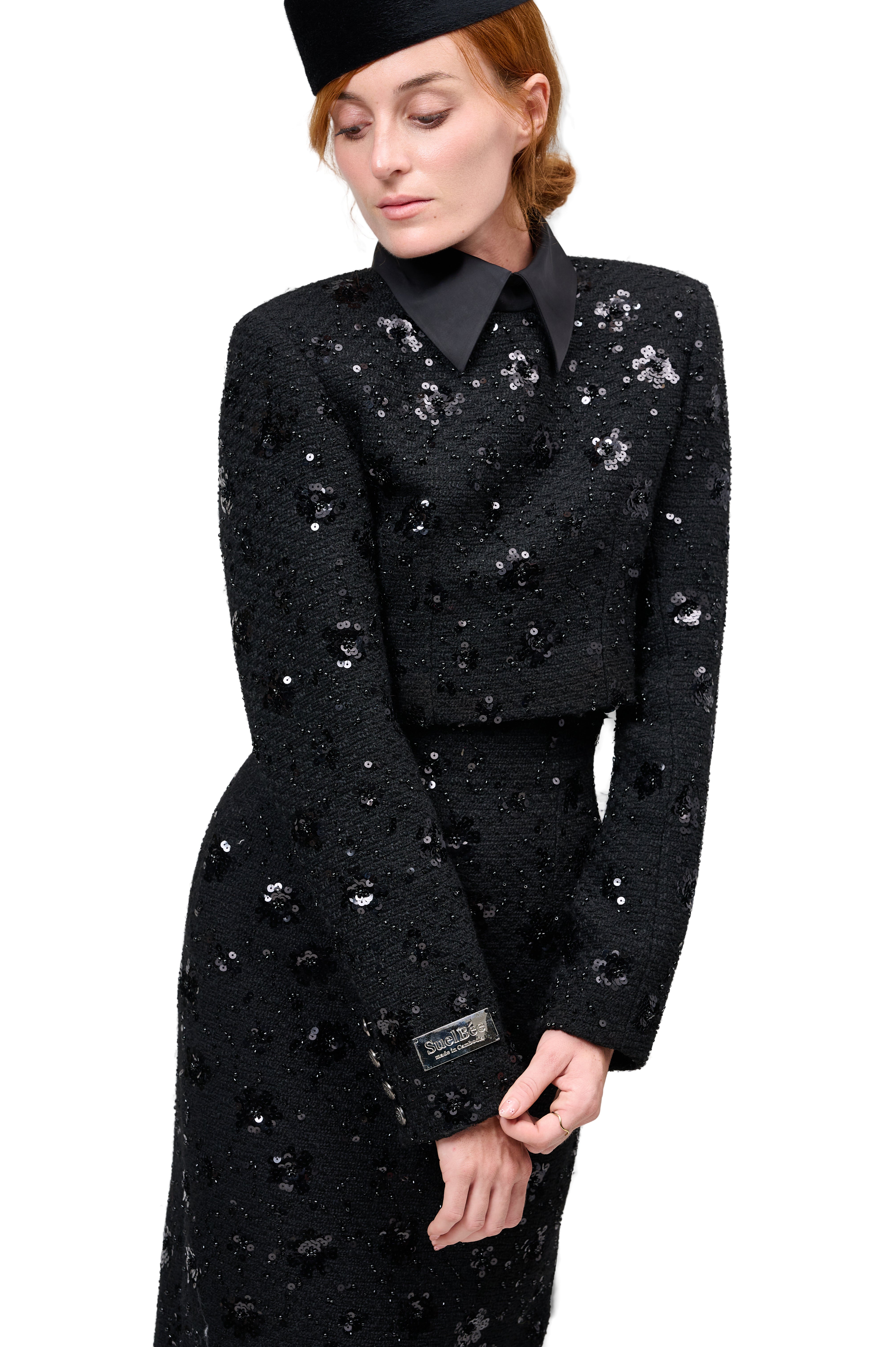 STRUCTURED LONG SLEEVE CROPPED JACKET BLACK SEQUIN BOUCLE HIGH WAIST PENCIL SKIRT