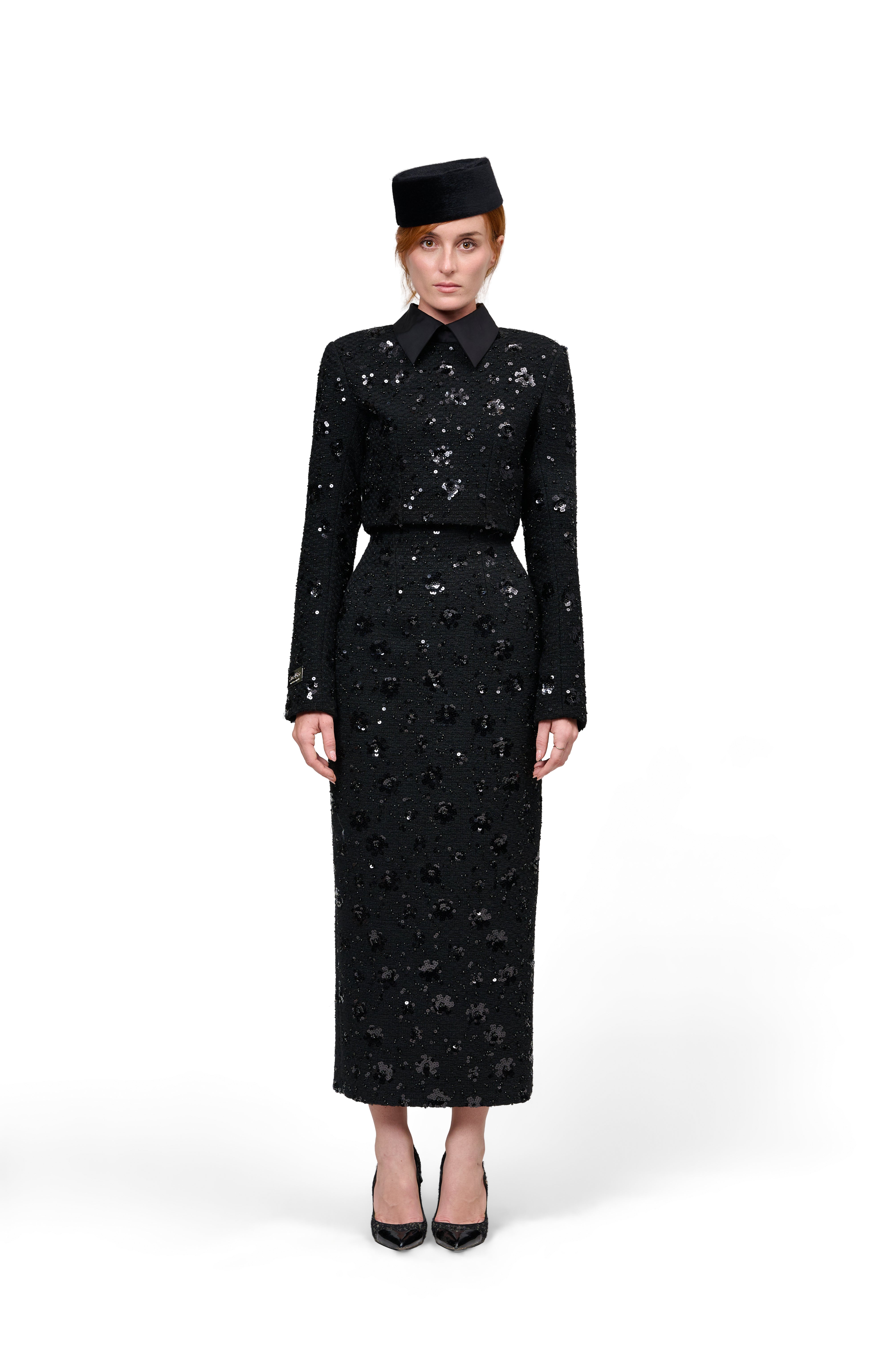 STRUCTURED LONG SLEEVE CROPPED JACKET BLACK SEQUIN BOUCLE HIGH WAIST PENCIL SKIRT