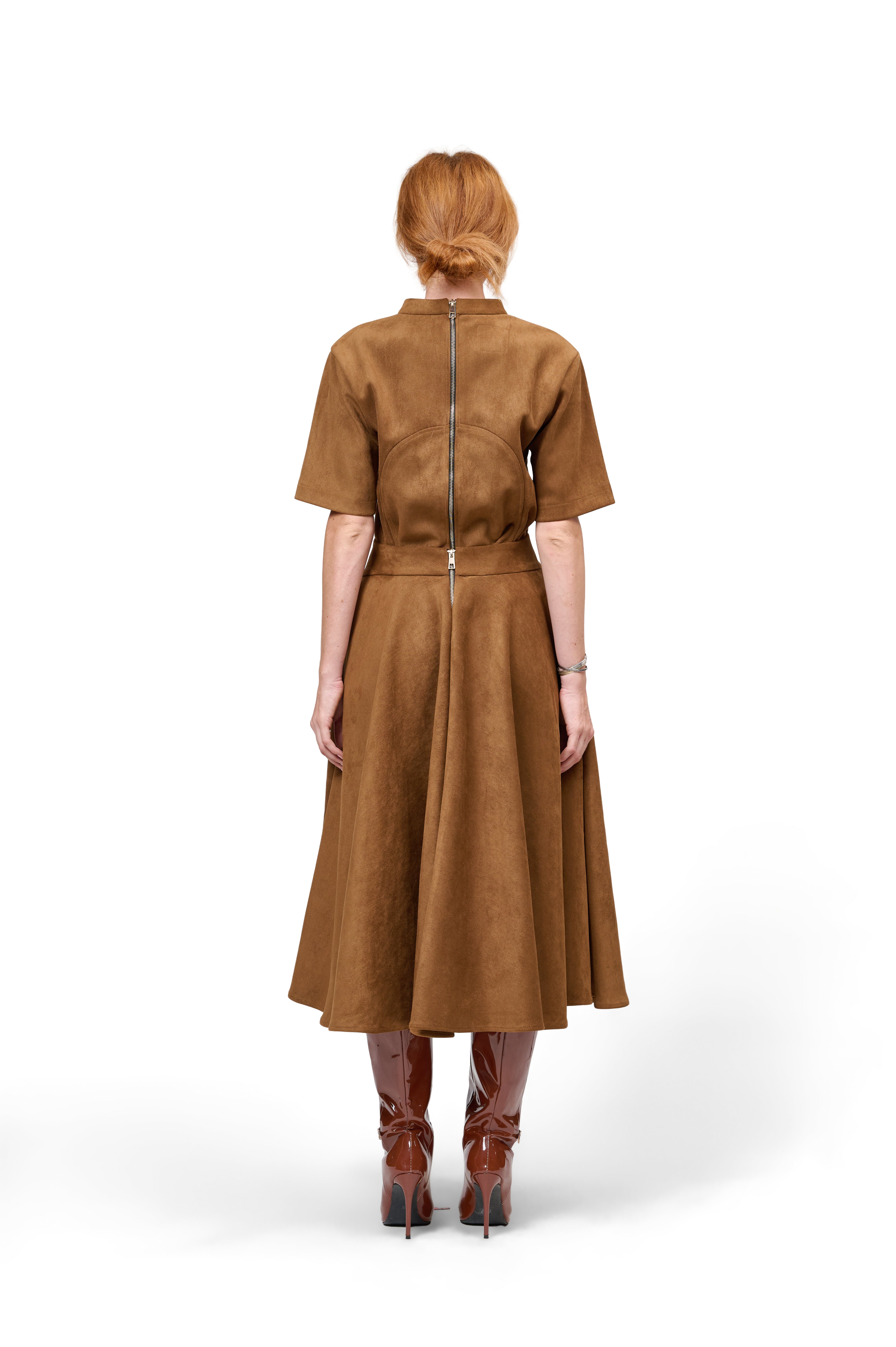 STRUCTURED SHORT SLEEVE TOP BROWN HIGH COLLAR FLOWING A-LINE MIDI SKIRT