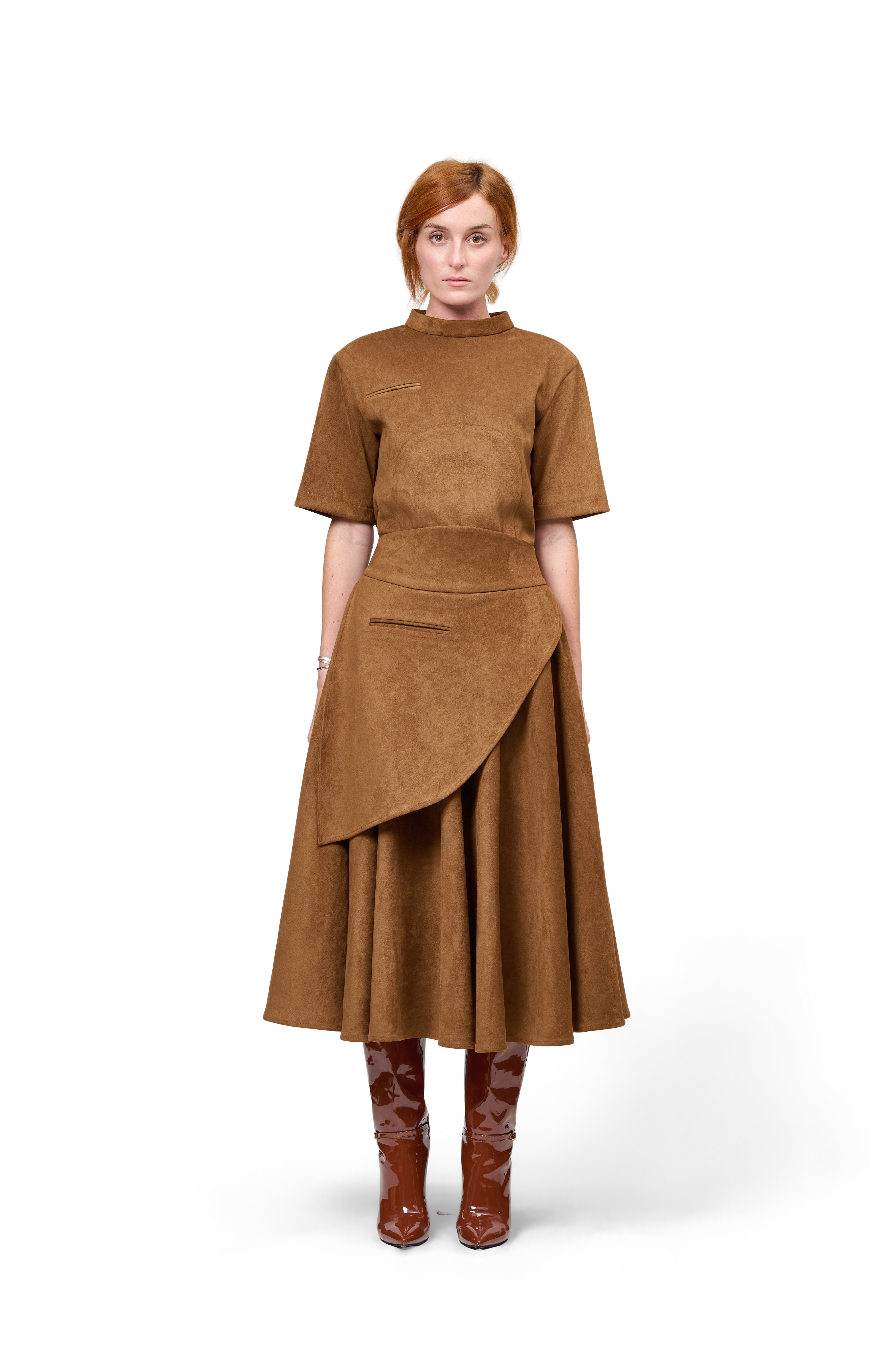 STRUCTURED SHORT SLEEVE TOP BROWN HIGH COLLAR FLOWING A-LINE MIDI SKIRT