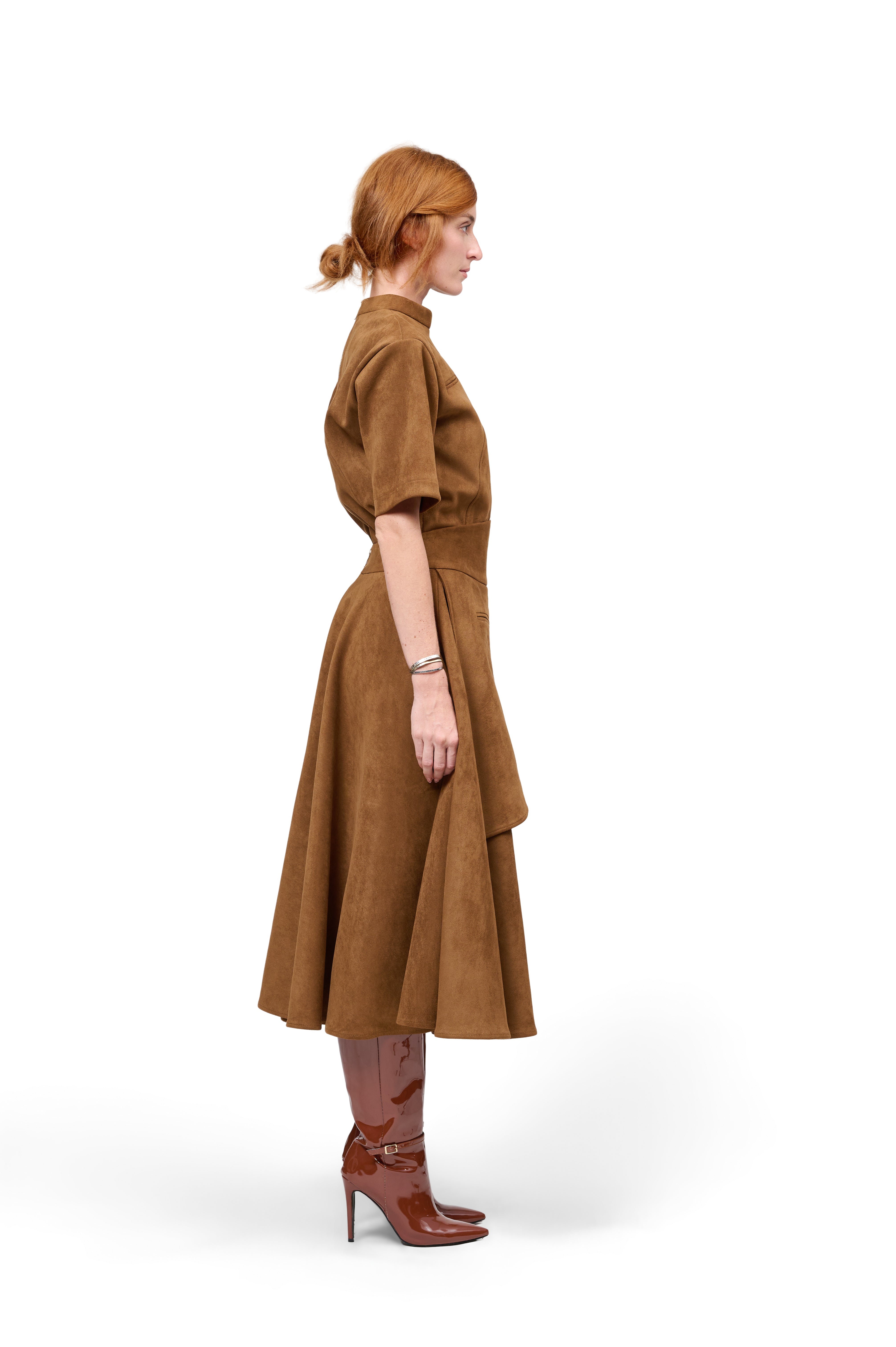 STRUCTURED SHORT SLEEVE TOP BROWN HIGH COLLAR FLOWING A-LINE MIDI SKIRT