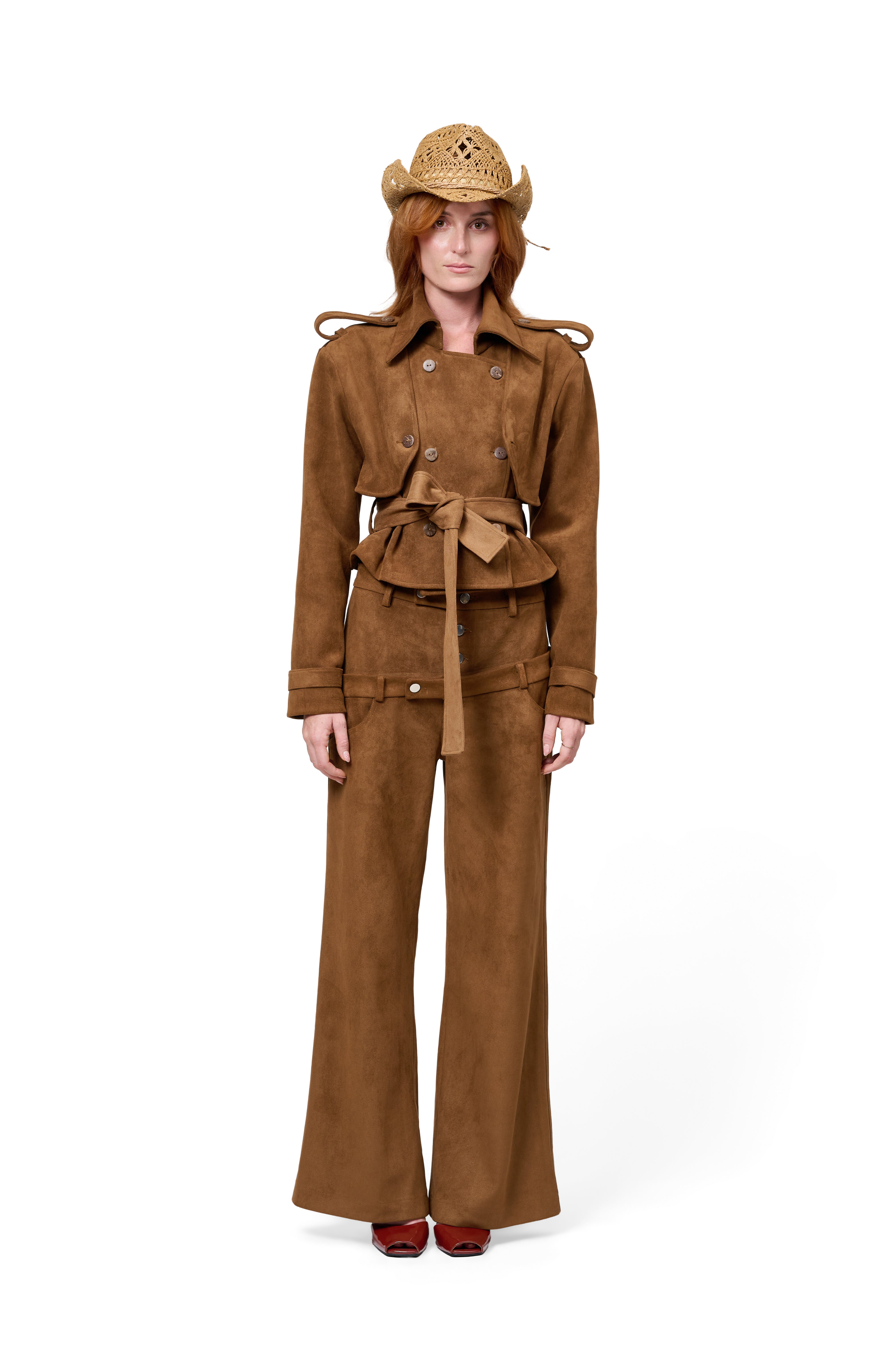 SUEDE DOUBLE BREASTED JACKET WIDE LAPELS BELT WAIST TIE HIGH WAIST WIDE LEG SUEDE TROUSERS