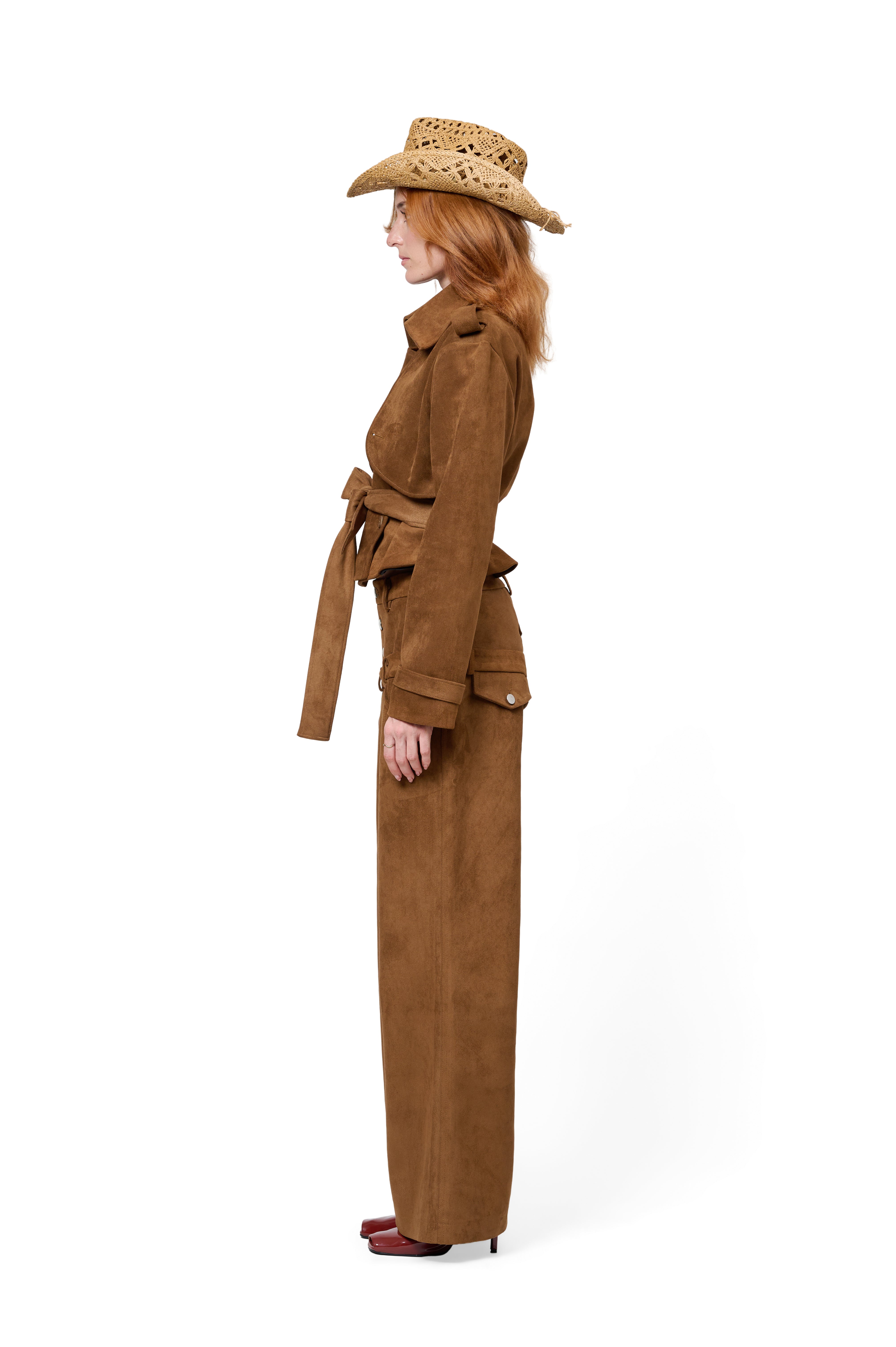 SUEDE DOUBLE BREASTED JACKET WIDE LAPELS BELT WAIST TIE HIGH WAIST WIDE LEG SUEDE TROUSERS