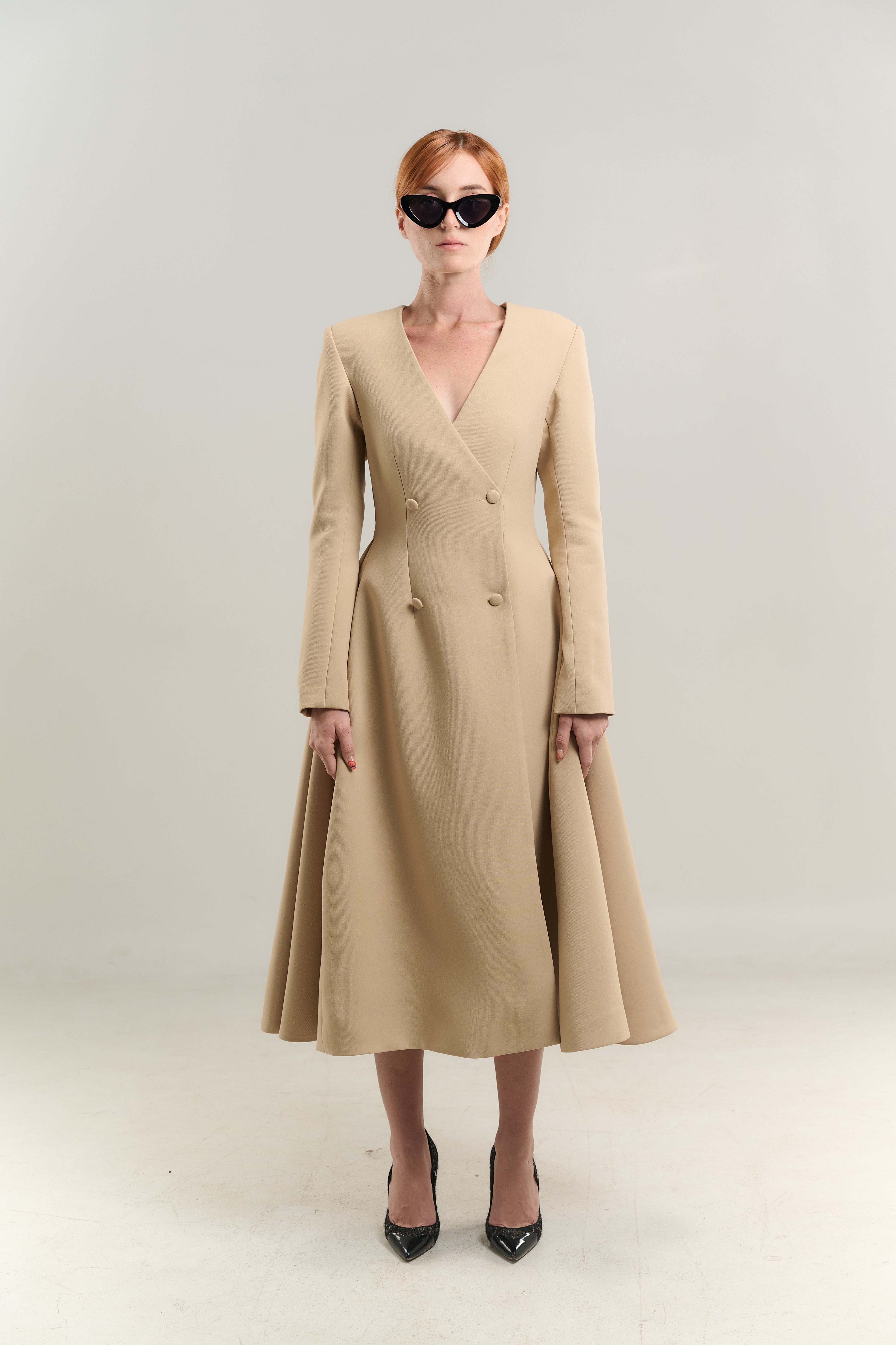 SWING COAT V-NECK DOUBLE BREASTED