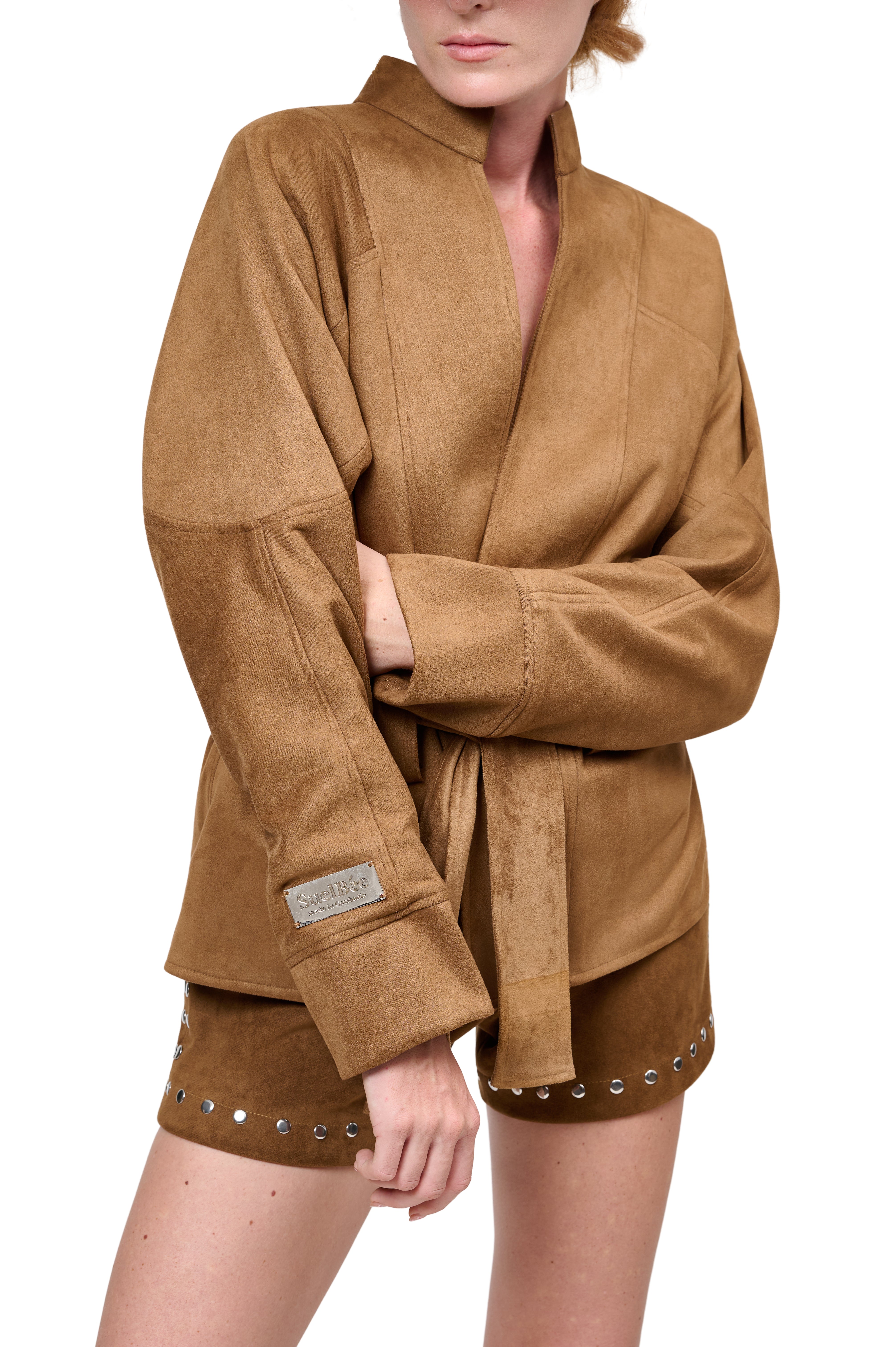 TAN SUEDE BROWN JACKET STUD EMBELLISHED SHORTS