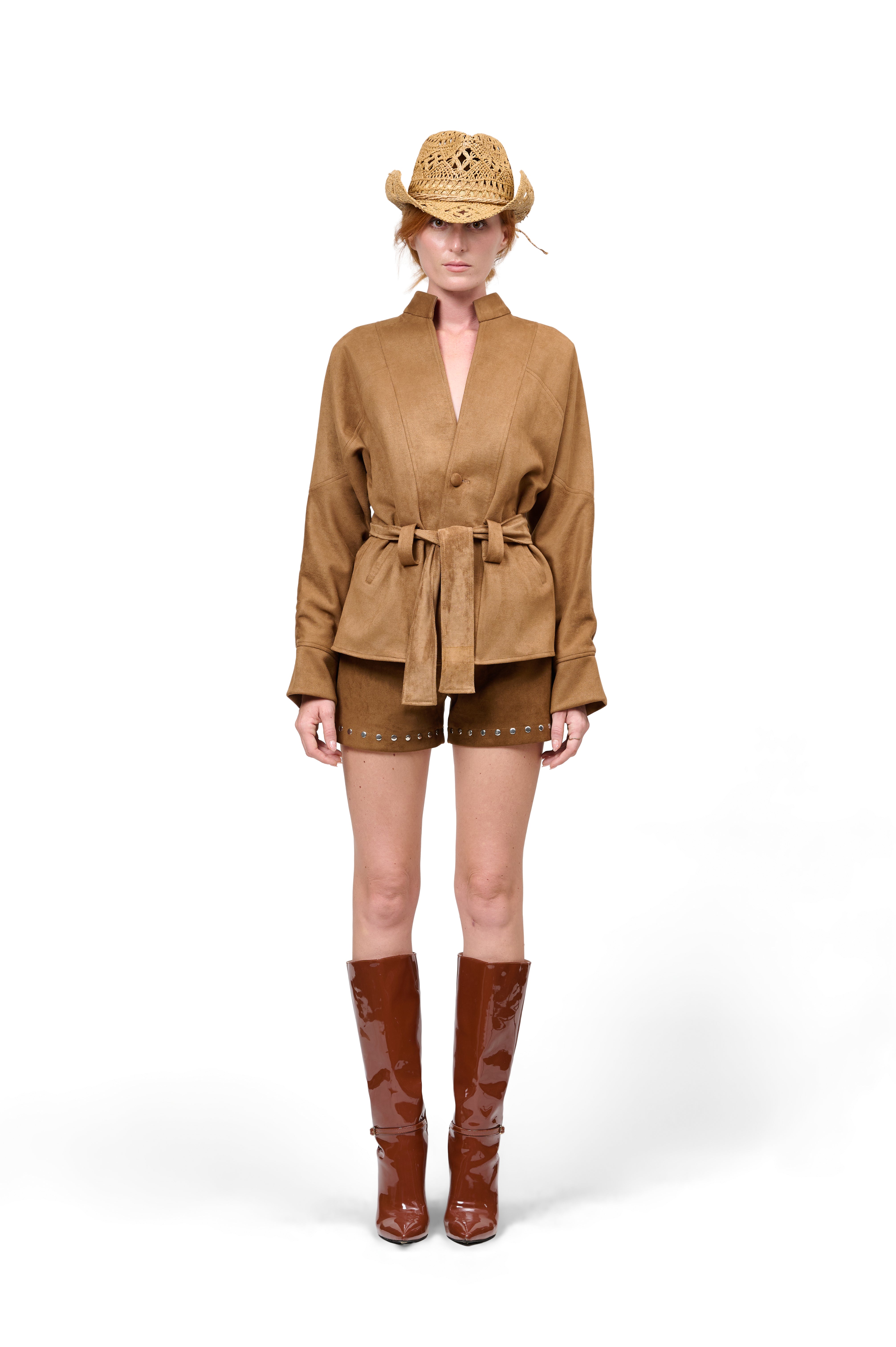 TAN SUEDE BROWN JACKET STUD EMBELLISHED SHORTS