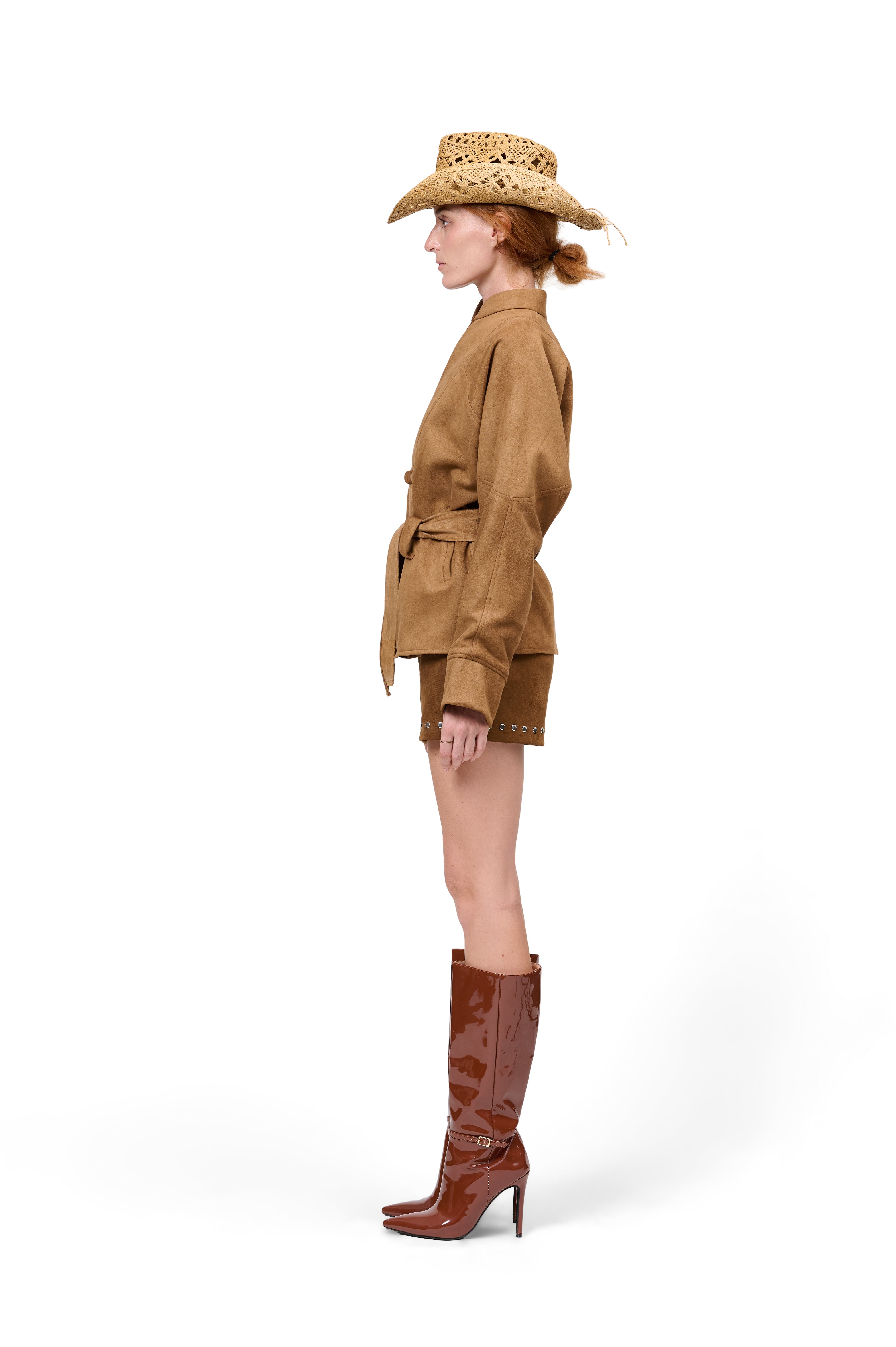 TAN SUEDE BROWN JACKET STUD EMBELLISHED SHORTS