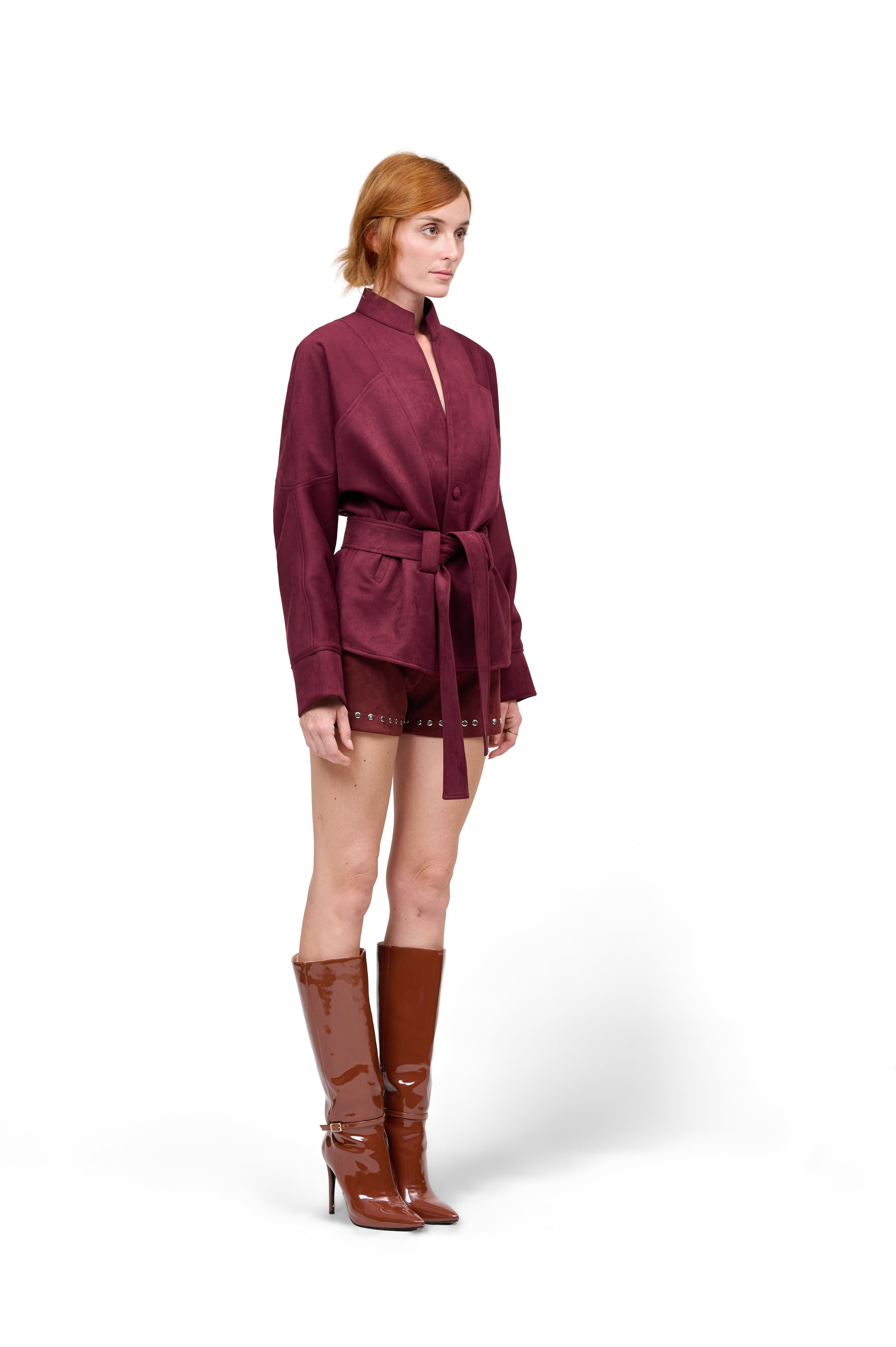 WINE RED SUEDE JACKET STUD EMBELLISHED SHORTS