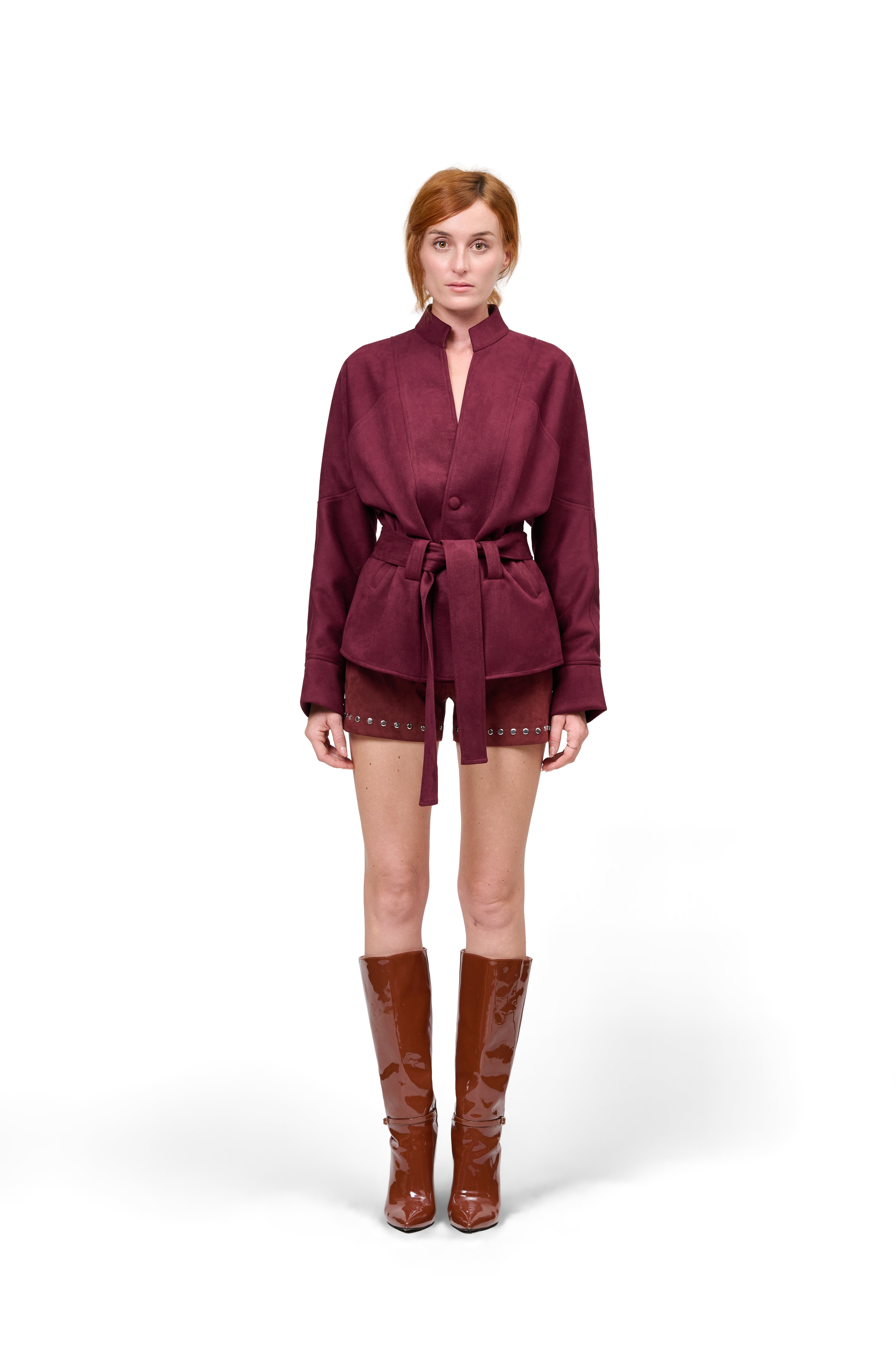 WINE RED SUEDE JACKET STUD EMBELLISHED SHORTS