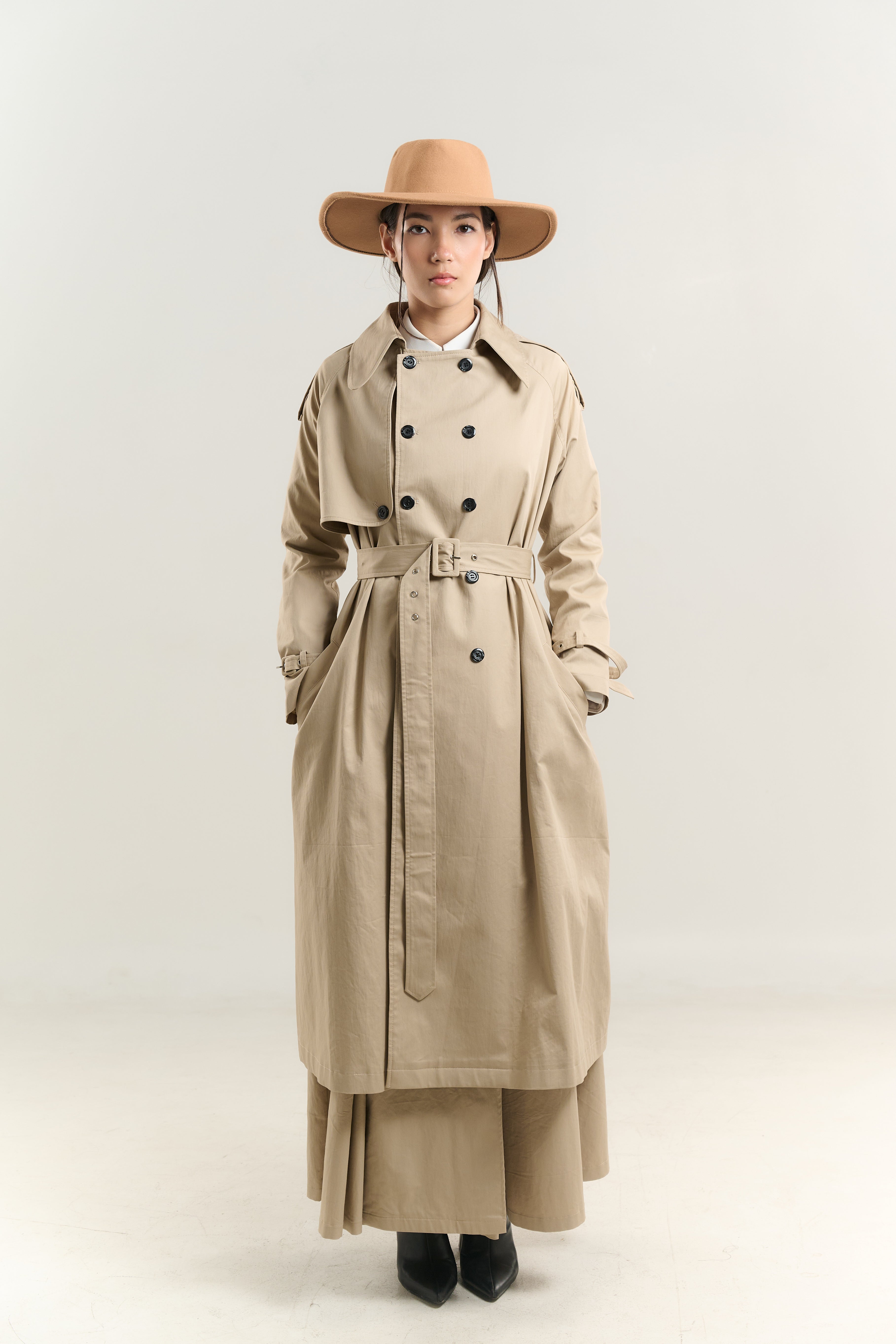 TRENCH COAT WITH TRENCH SKIRT DOUBLE BREASTED WHITE SHIRT