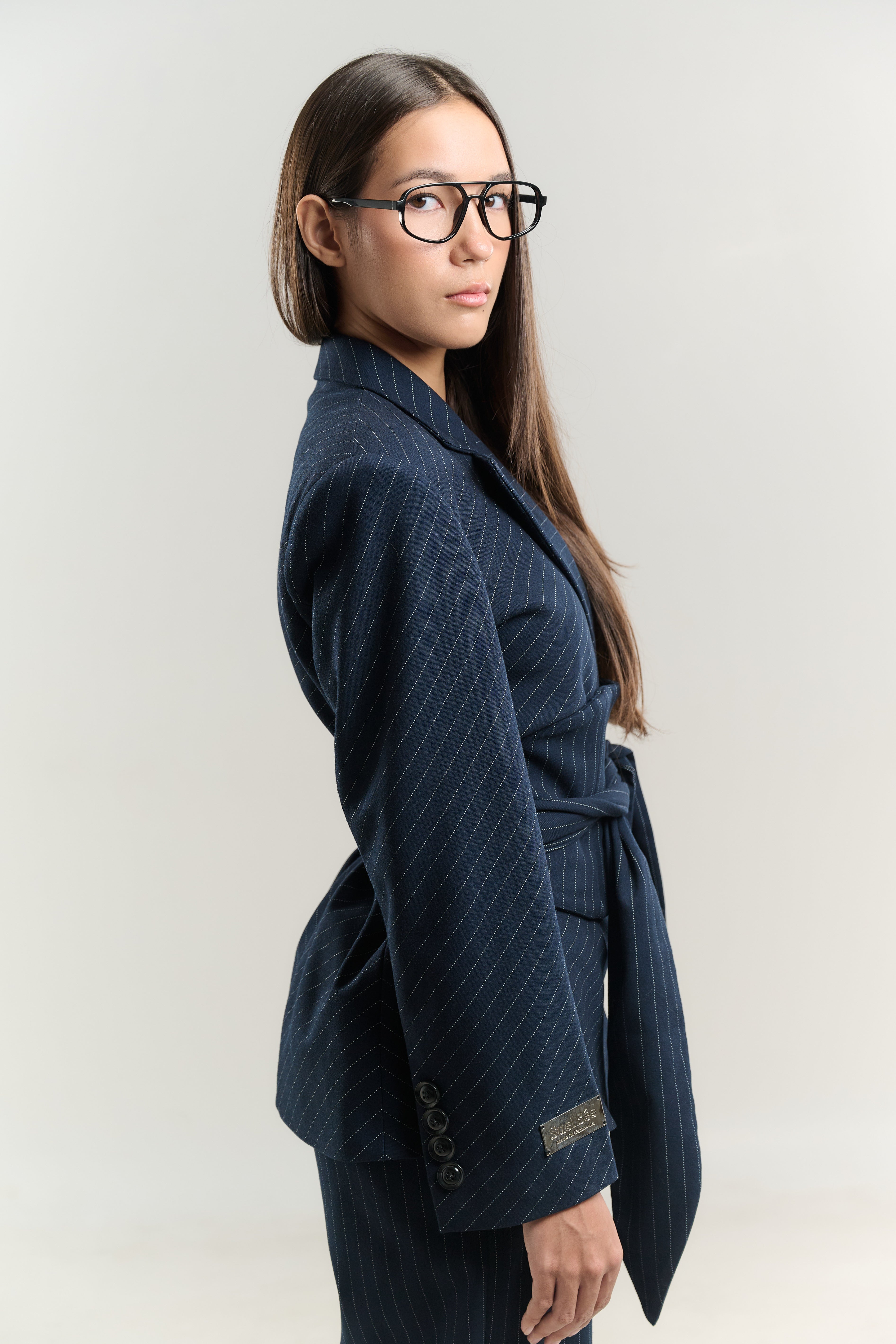 WOOL BLAZER CLEOPE WIDE BELT 100% WOOL FABRIC NAVY WHITE DOT LINING