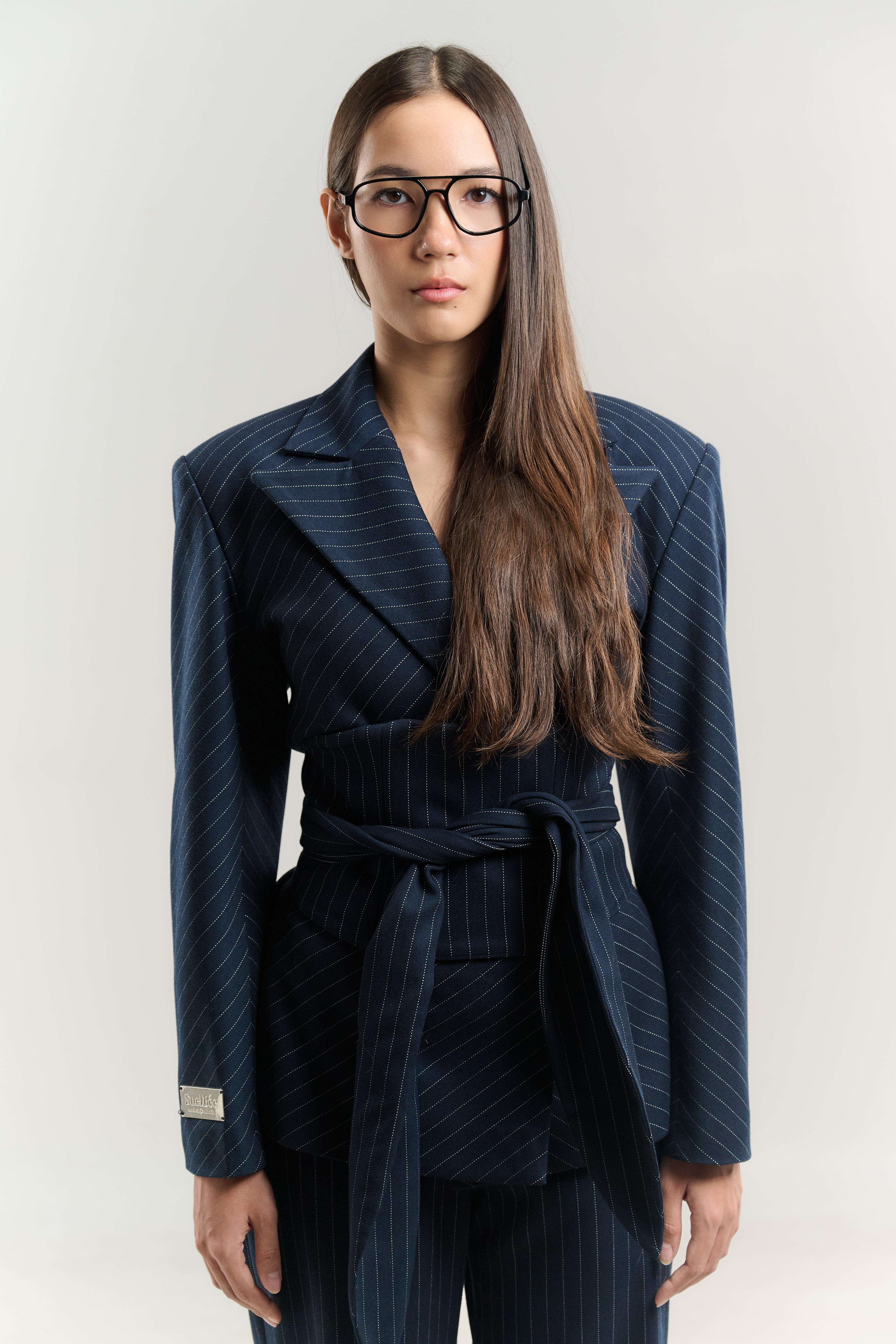 WOOL BLAZER CLEOPE WIDE BELT 100% WOOL FABRIC NAVY WHITE DOT LINING