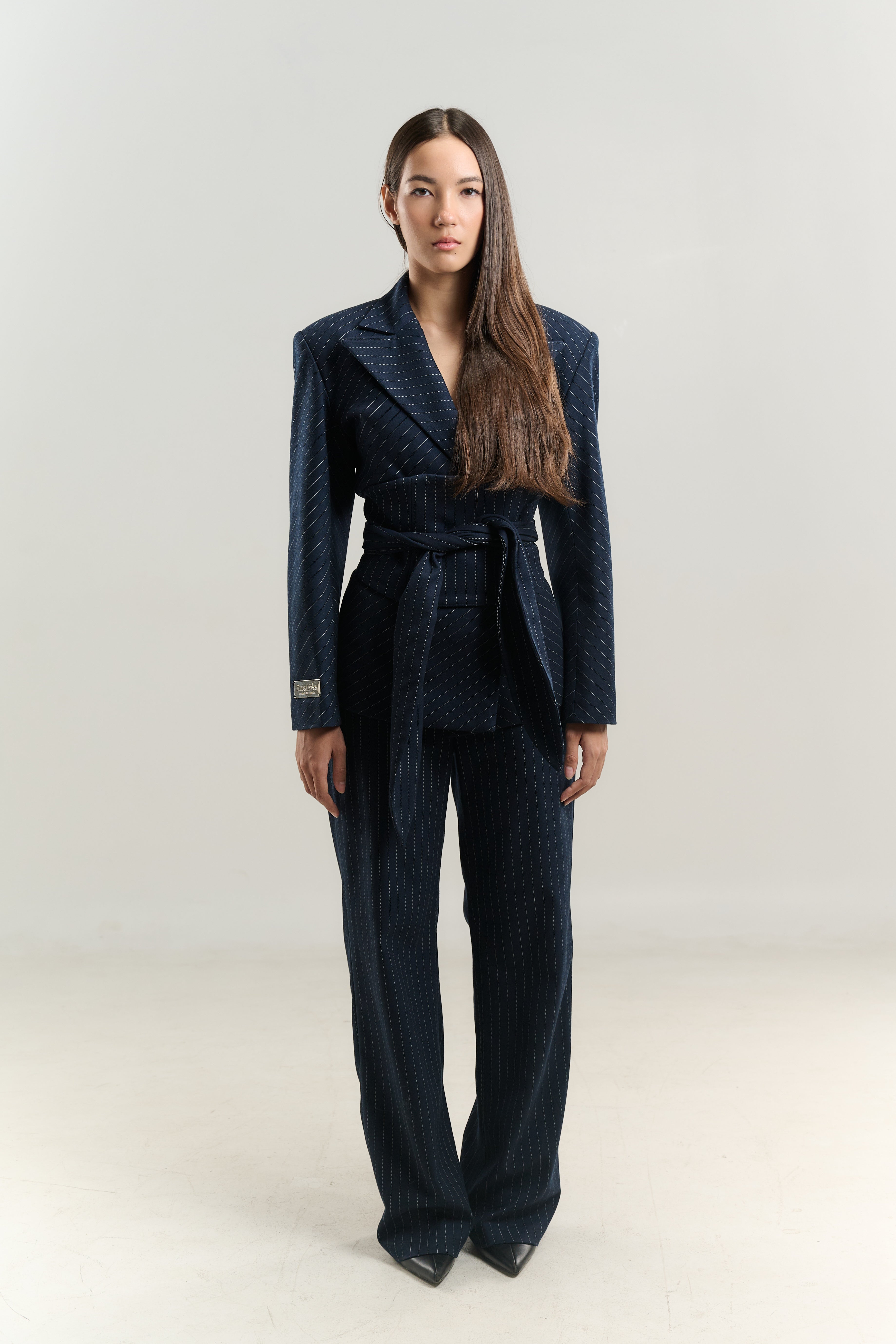 WOOL BLAZER CLEOPE WIDE BELT 100% WOOL FABRIC NAVY WHITE DOT LINING