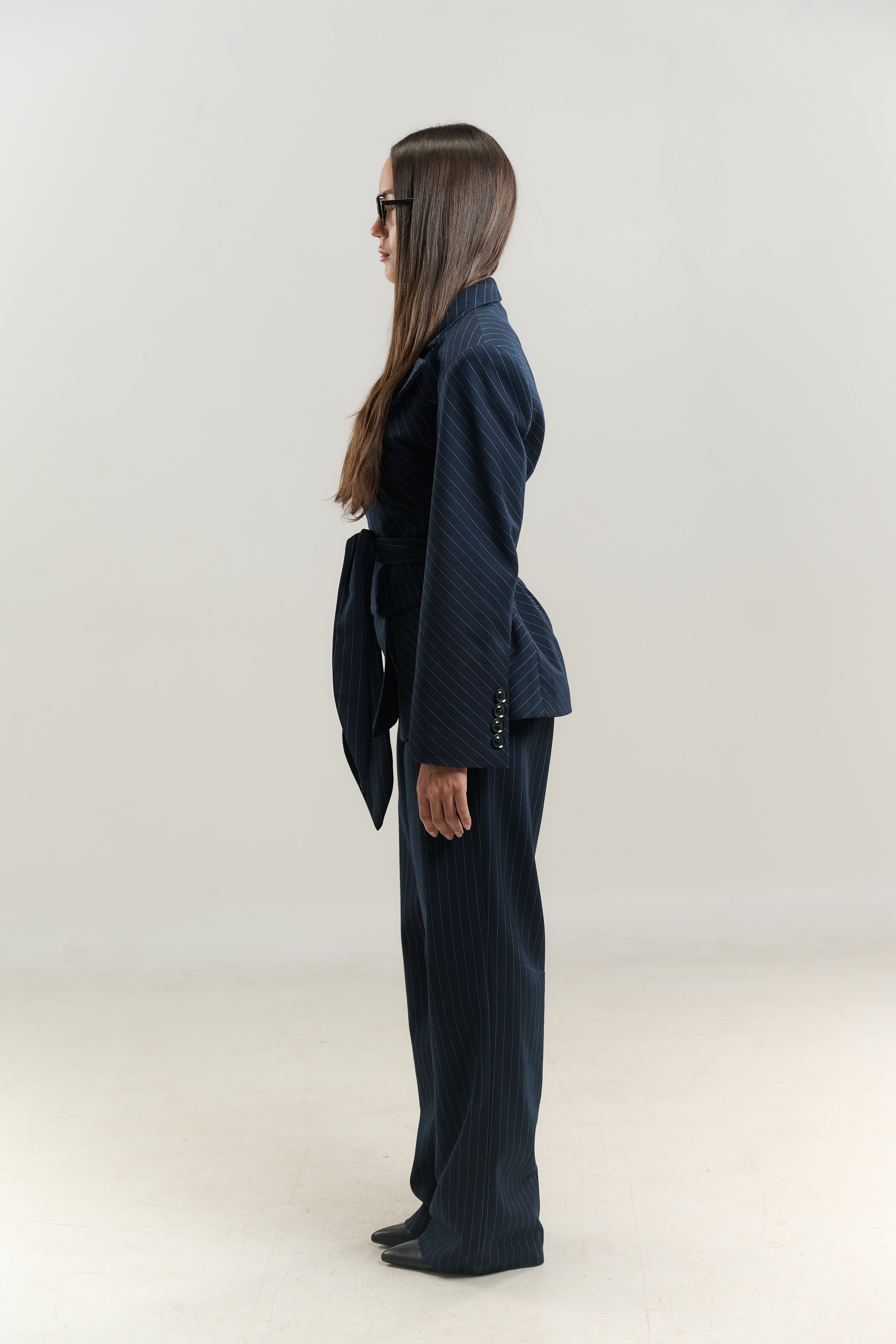 WOOL BLAZER CLEOPE WIDE BELT 100% WOOL FABRIC NAVY WHITE DOT LINING